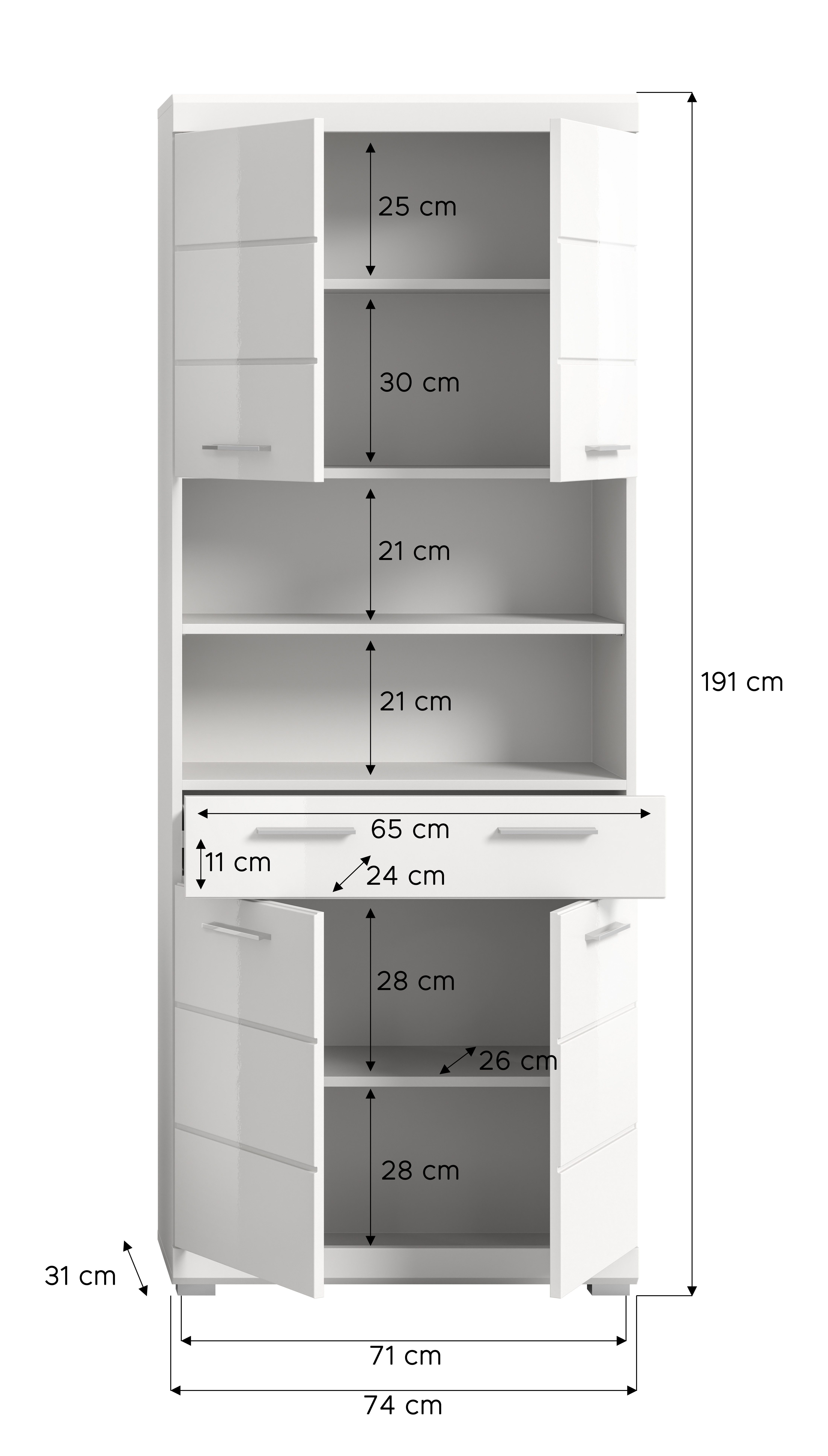 INOSIGN Hoge kast Siena, breedte 74 cm, 4 deuren, 1 lade, 2 open vakken, MDF-front in verschillende kleuren verkrijgbaar, badkamermeubels, badkamerkast, kast, badkamer