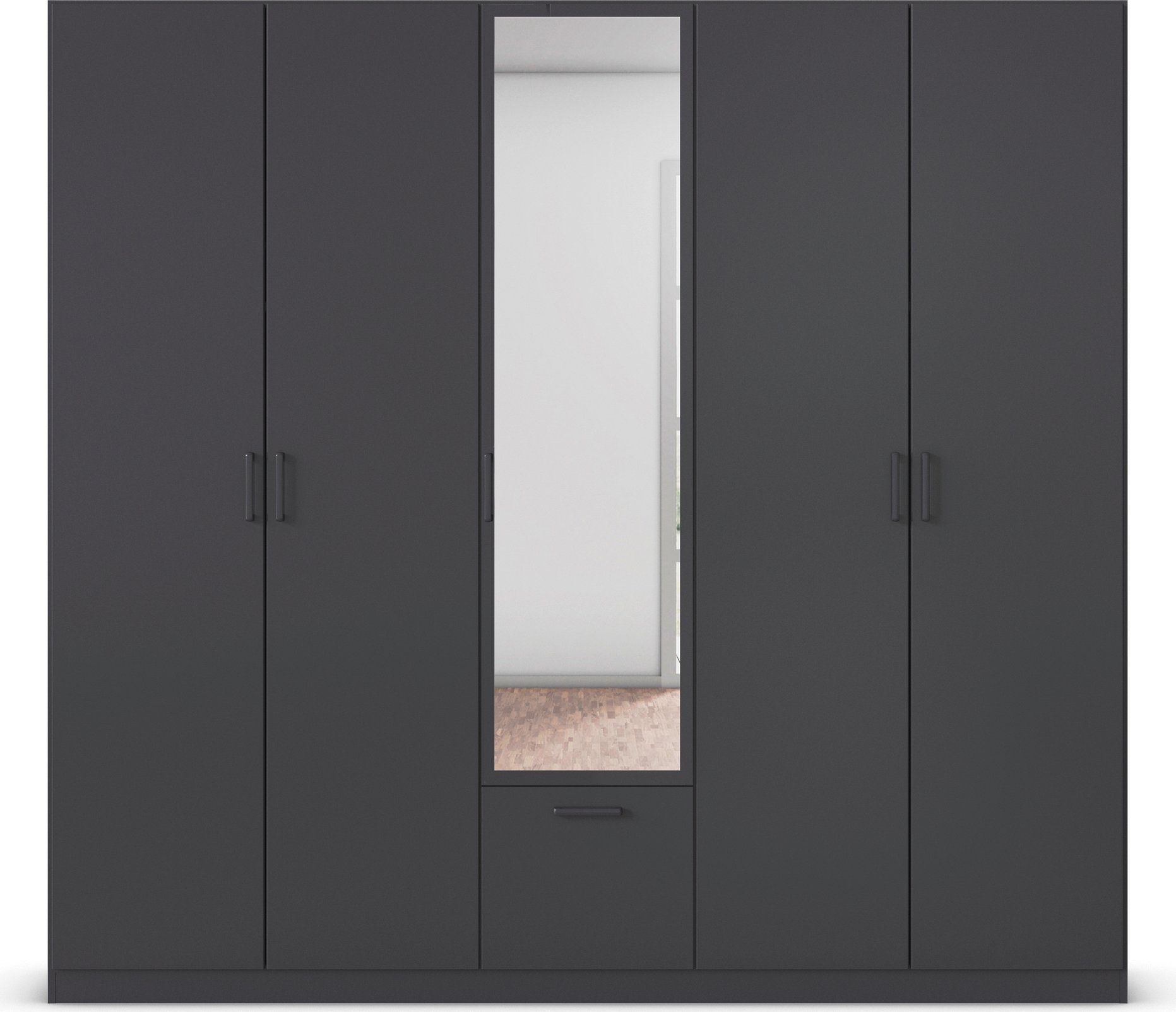 rauch Draaideurkast Kledingkast kast garderobe waskast BARI met spiegel met lades in het midden, moderne greep in grijs metallic made in germany