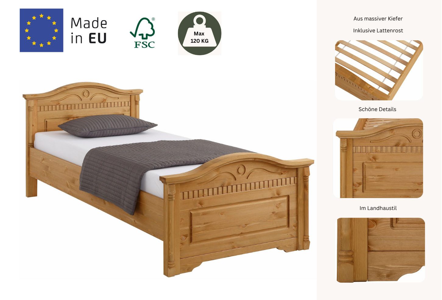 Home affaire Massief houten ledikant Graz, hoge belasting, klassieke landelijke stijl, FSC® gecertificeerd
