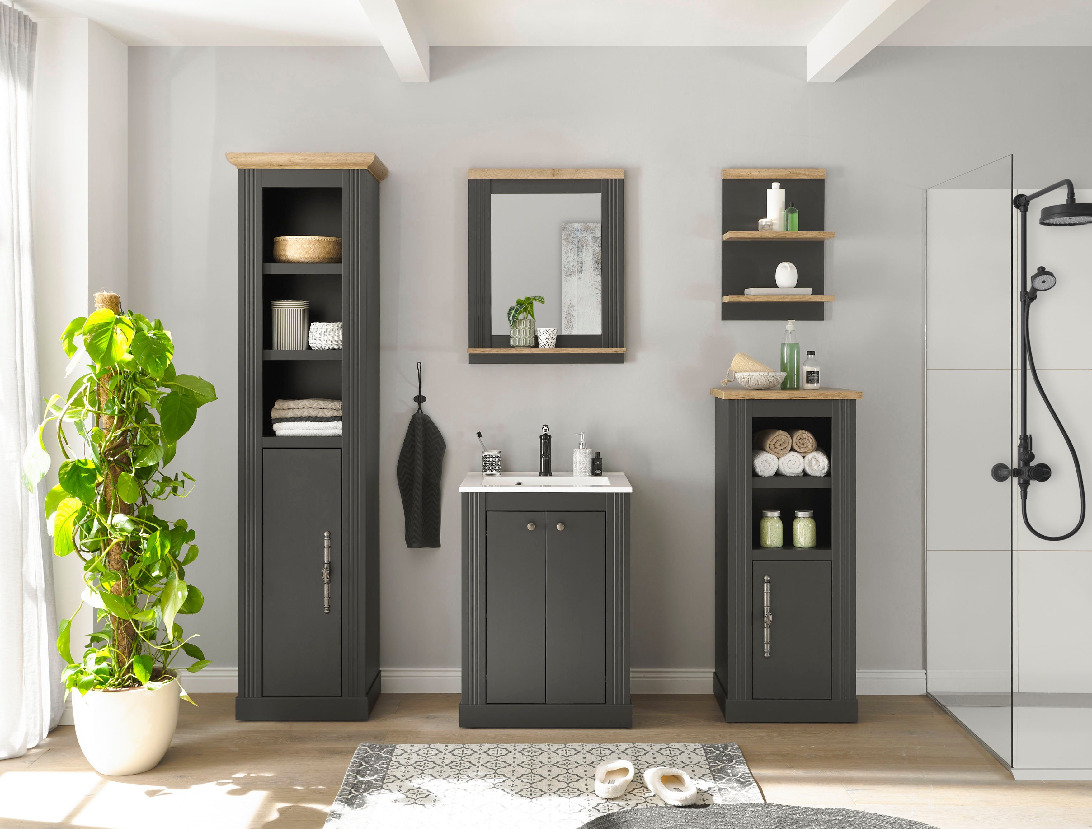 Home affaire Badkamerserie WESTMINSTER, badkamer in landhuisstijl, 5-delig badkamer Waschtafel, spiegel, midikast, plank, hoge kast, breedte 200 cm (5-delig)