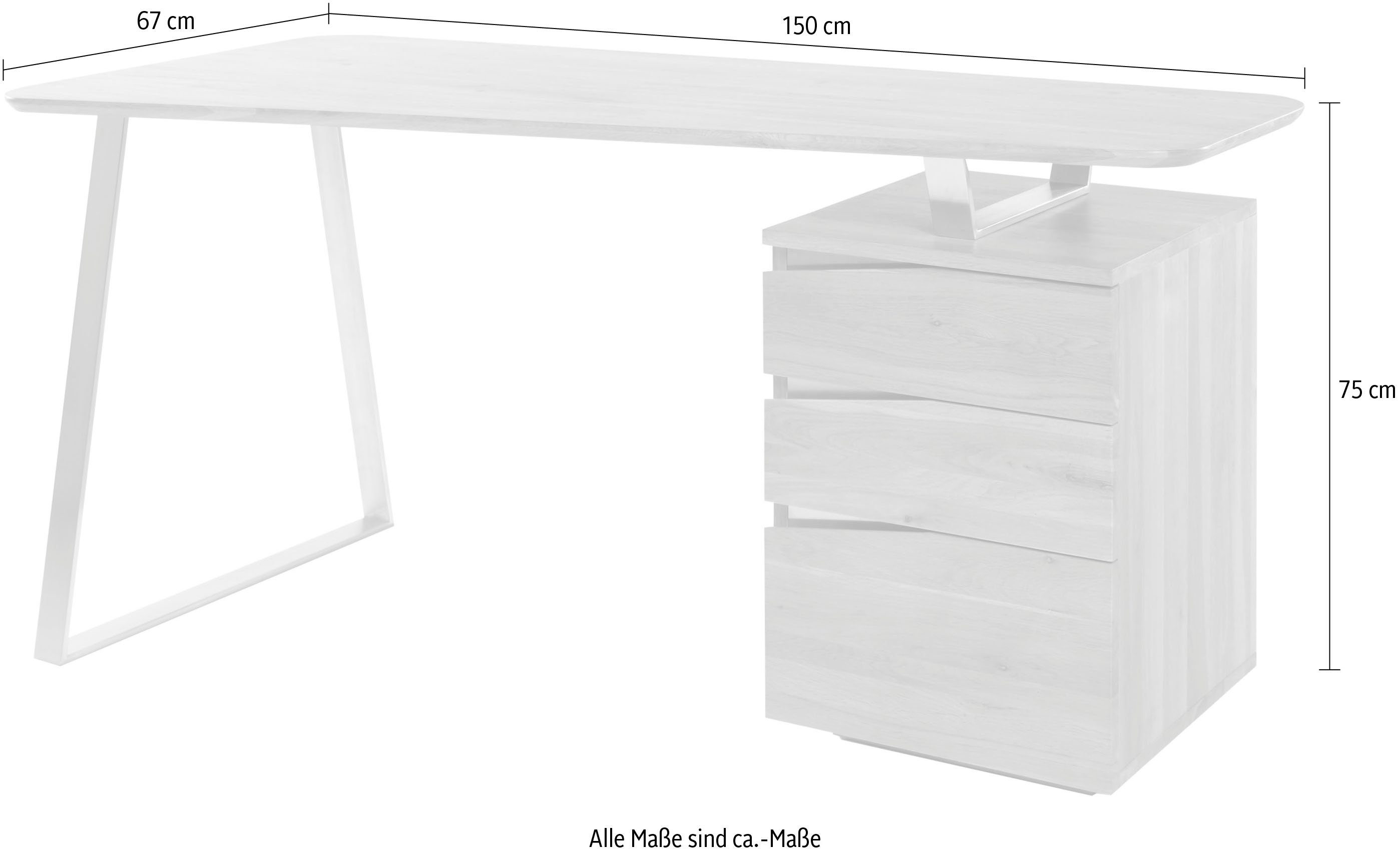 MCA furniture Bureau Tori Noesteiken massief hout geolied, met 3 laden, breedte 150 cm
