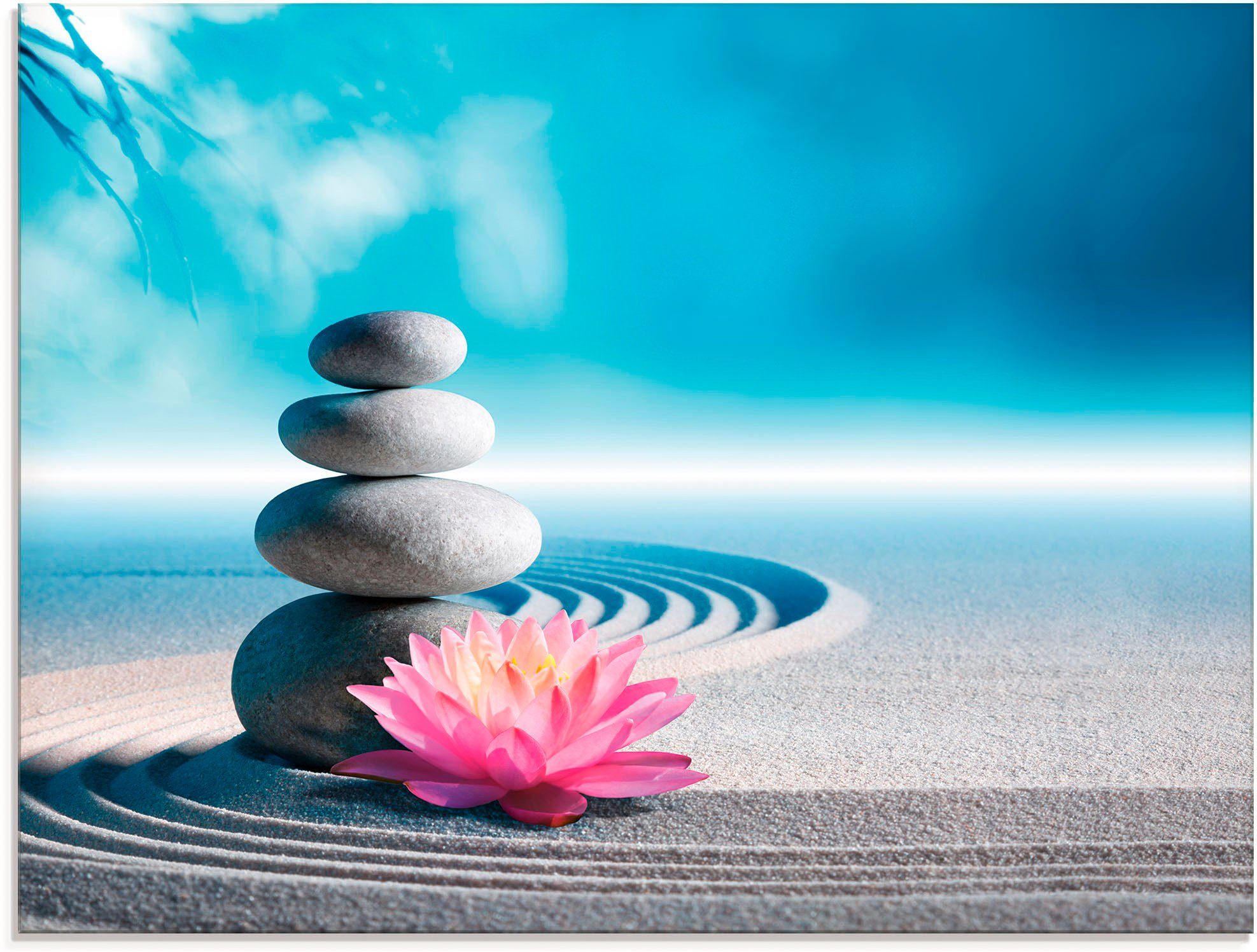 Artland Print op glas Zand, lelie en spa-stenen in zen-tuin landschappen maat 80 cm x 60 cm blauw