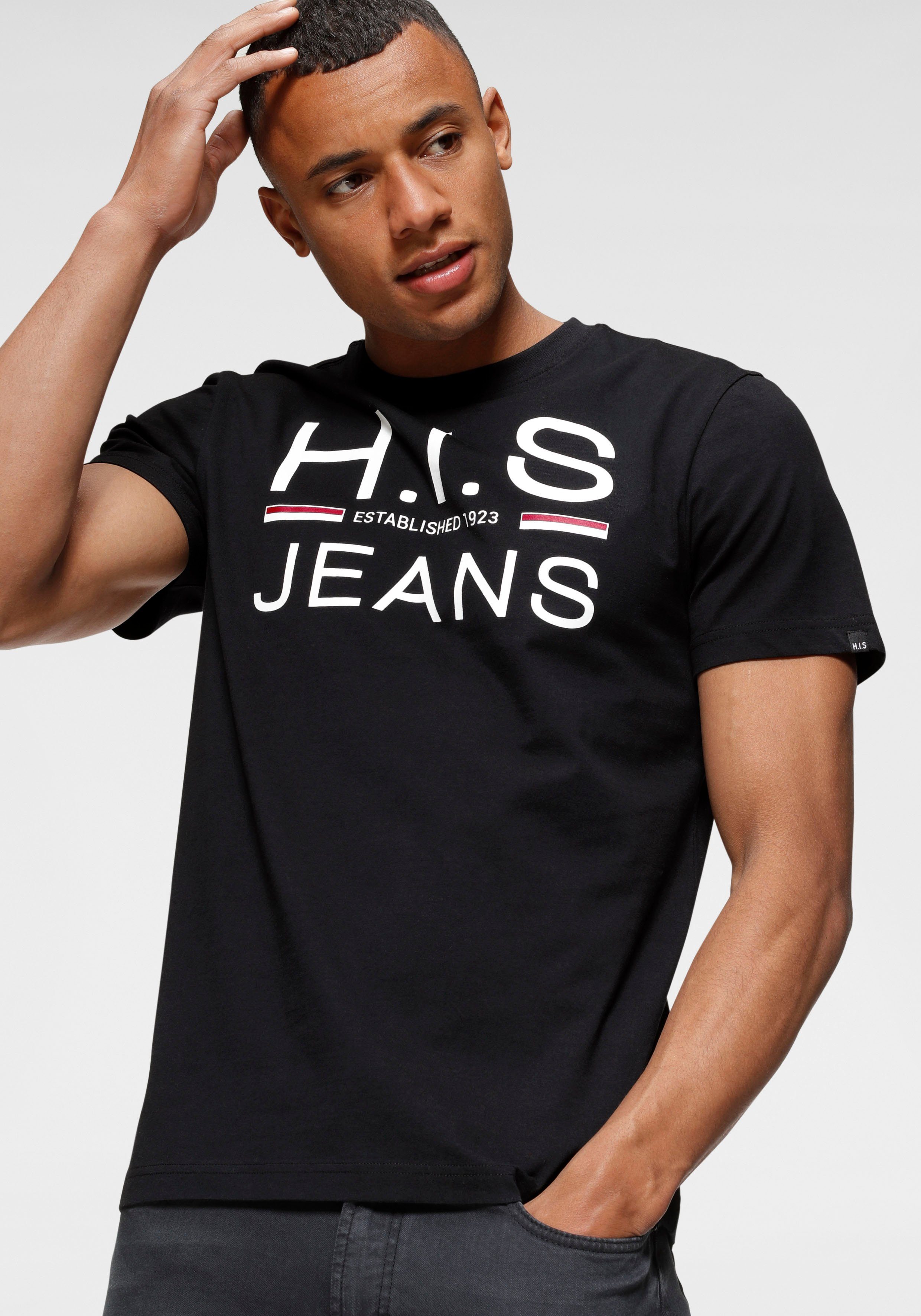 H.I.S Shirt met ronde hals slank gesneden, bedrukt ontwerp, ronde hals, van katoen (Set van 2)