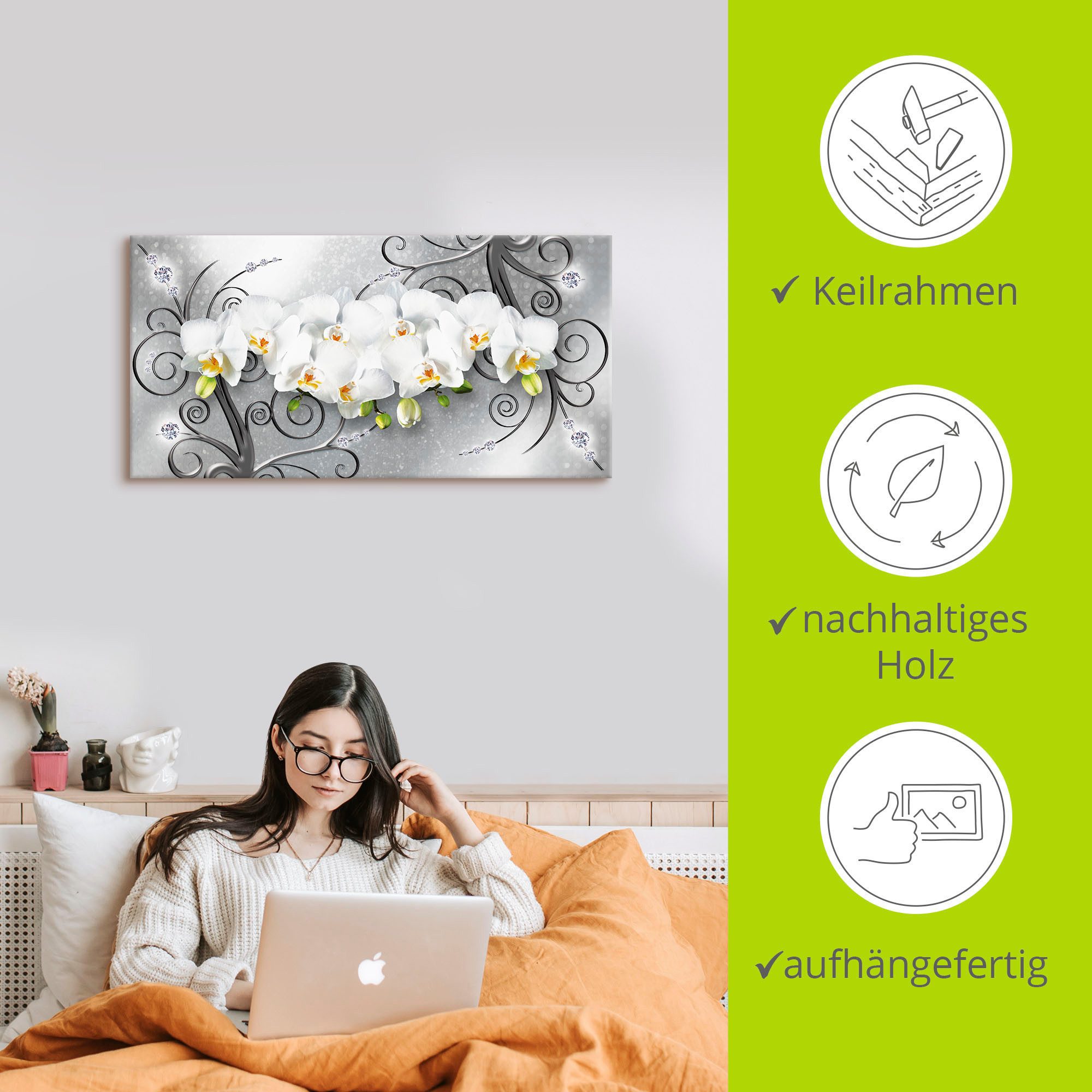 Artland Artprint Witte orchideeën op ornamenten als artprint van aluminium, artprint voor buiten, artprint op linnen, poster, muursticker