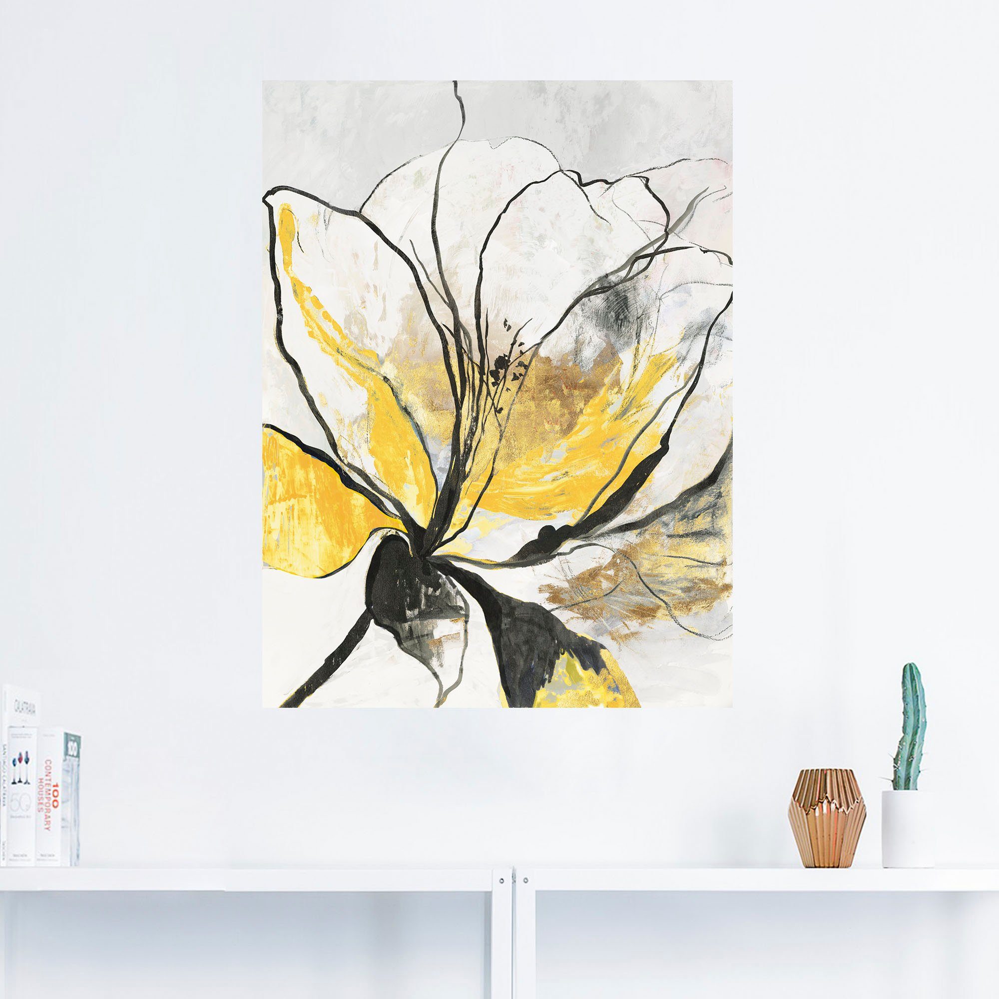 Artland Artprint Geschetst bloemdessin I gele versie als artprint van aluminium, artprint voor buiten, artprint op linnen, poster, muursticker