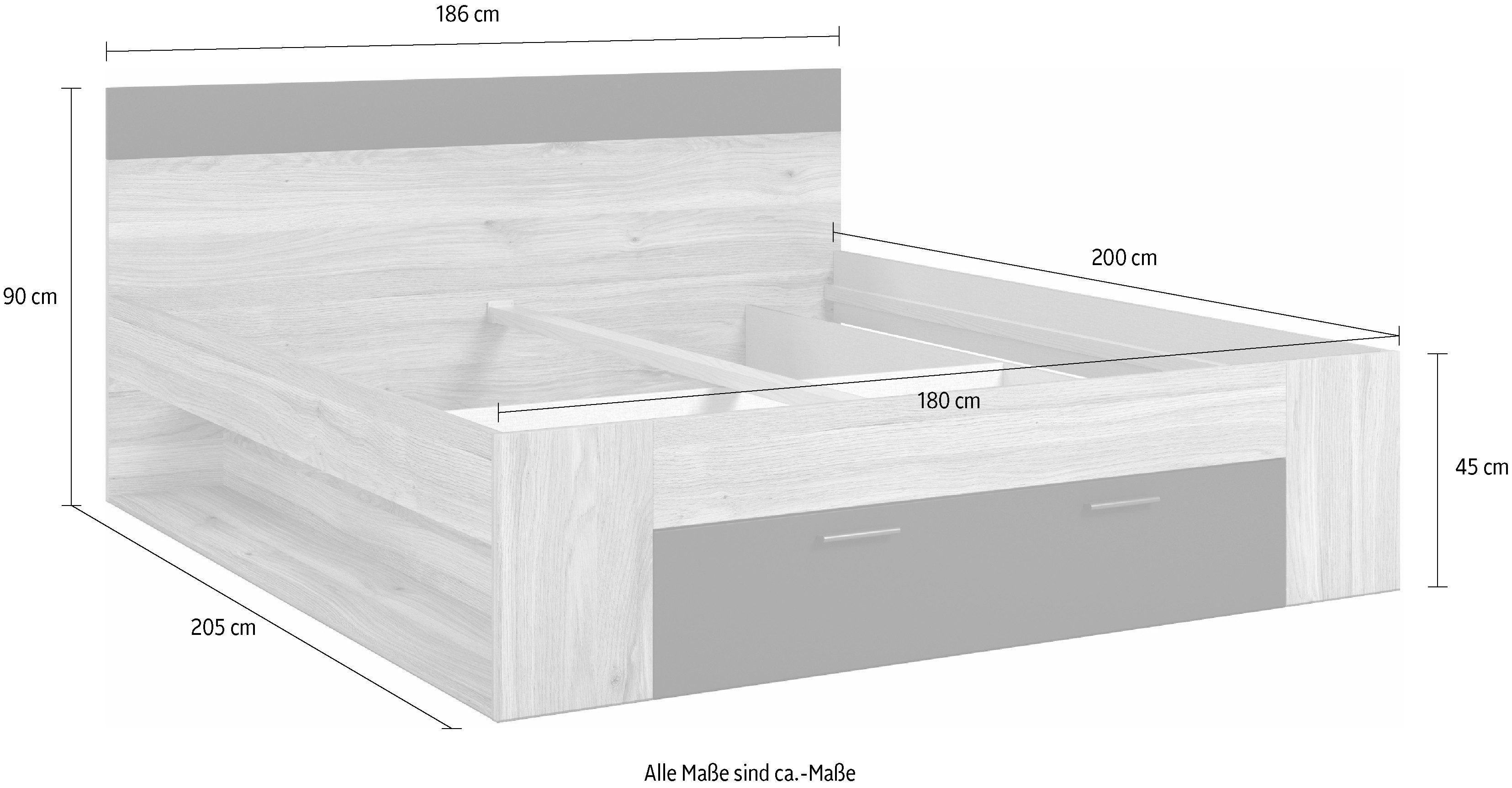 INOSIGN Bedframe Faweza, Breedte 160 of 180 cm, Opbergbank Functiebureau lade met extra veel opbergruimte