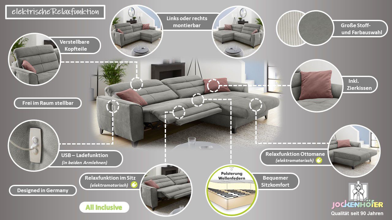 Jockenhöfer Gruppe Hoekbank Double One met 2 x 120 cm brede, elektrisch verstelbare relaxfuncties