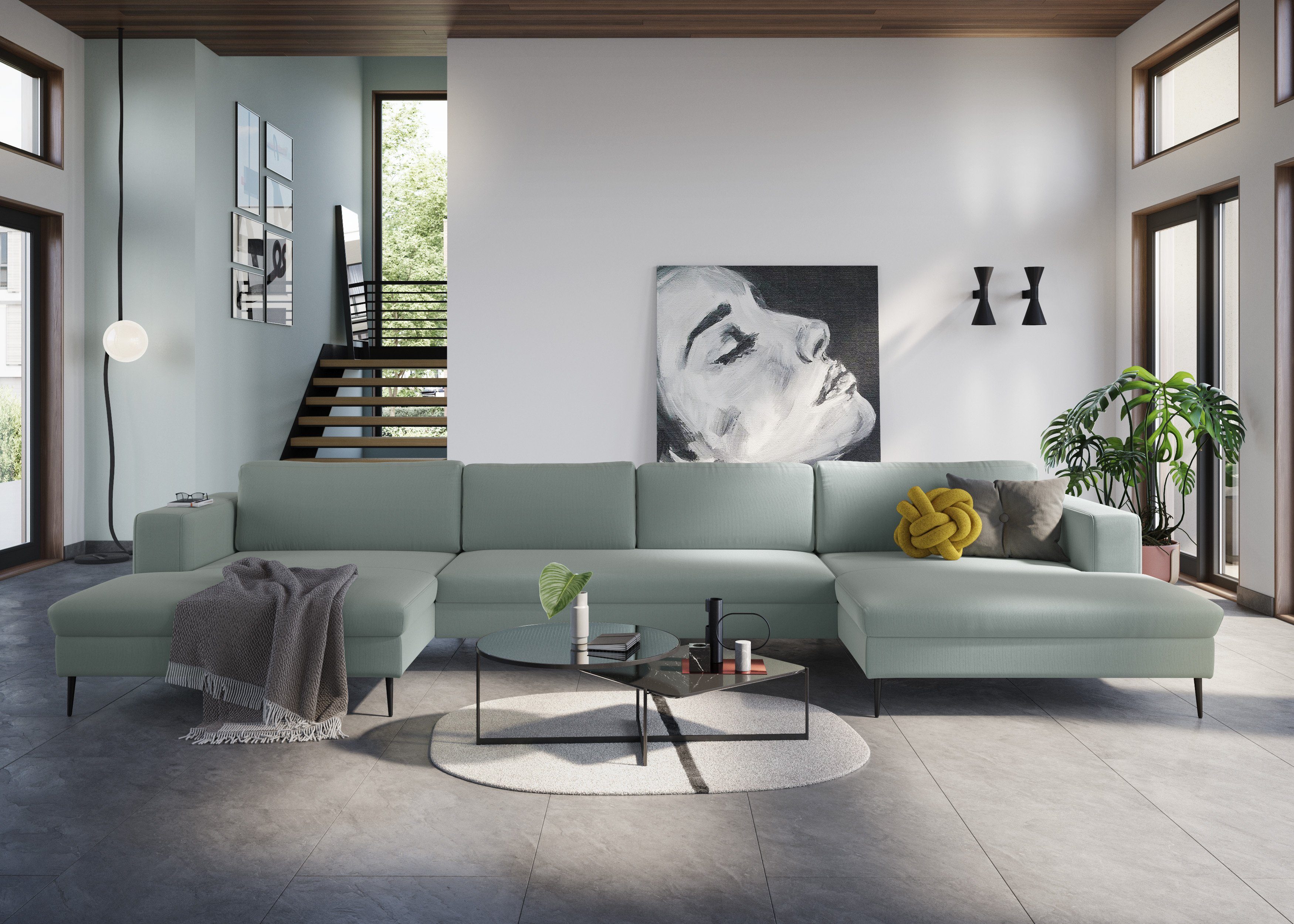 DOMO collection Zithoek Modica U-vorm XXL, in een moderne look met 2 royale récamiers, ook in cord groen, zithoeken, 438 cm