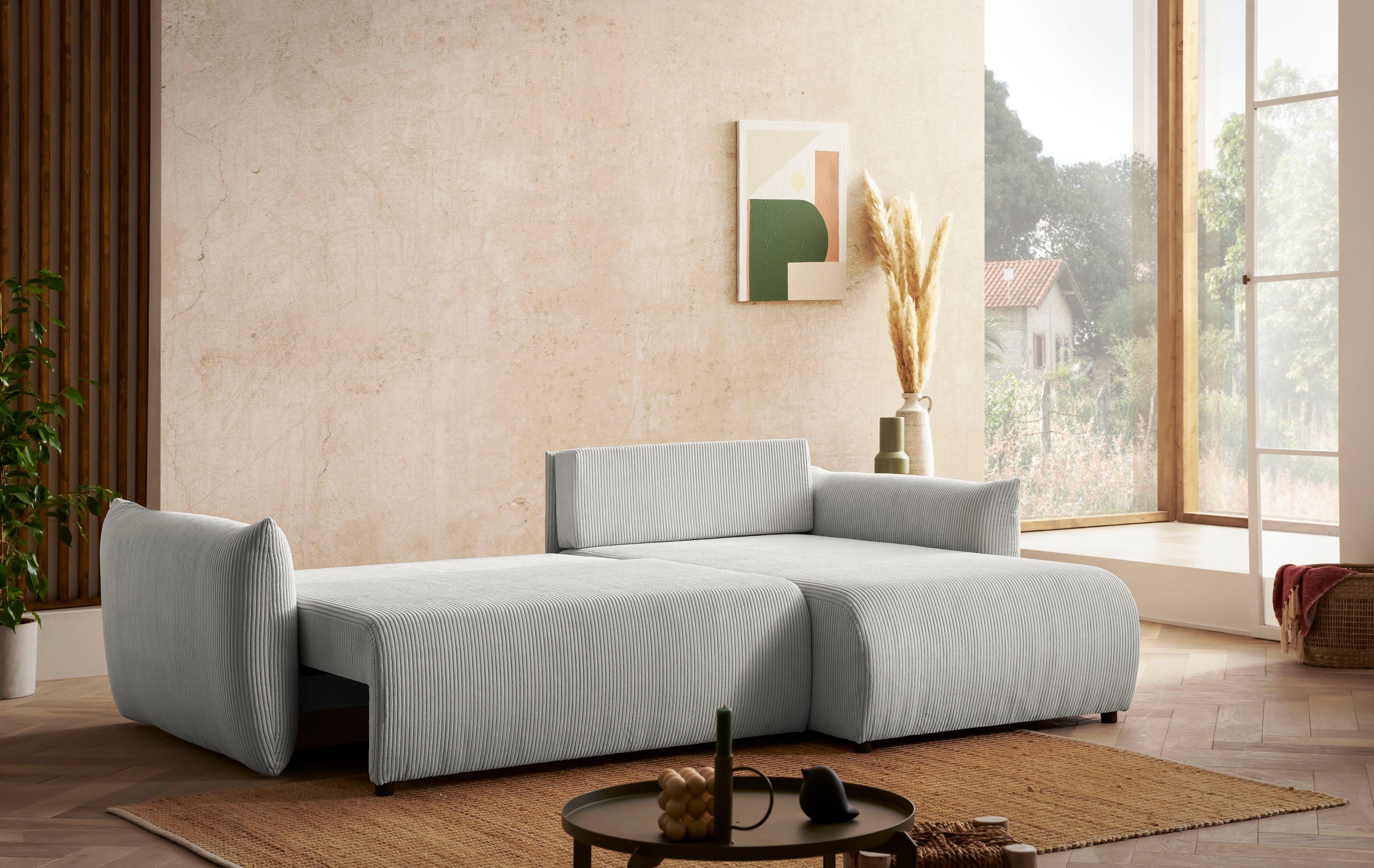 INOSIGN Hoekbank MAVAS bedbank met bedkist, L-model, ca. 257/127 cm (ligoppervlak 212/145 cm), ribfluweel, chenille, structuur