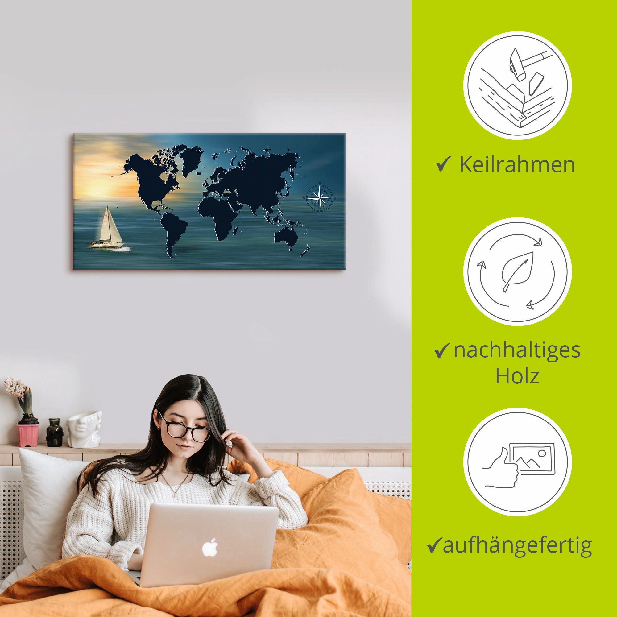 Artland Artprint Reis om de wereld met wereldkaart als artprint op linnen, poster in verschillende formaten maten