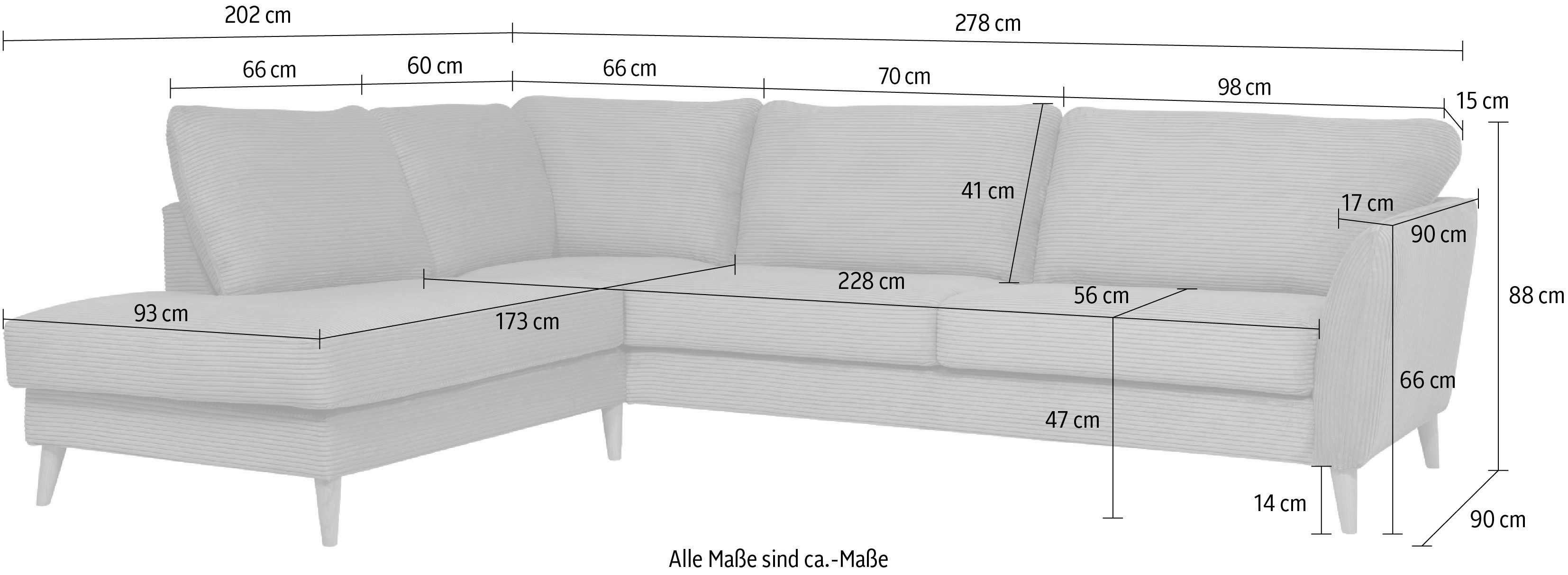 Home affaire Hoekbank MARSEILLE 278x202 cm, L-model, Ottom. Rechts/links Massief houten poten van eiken, in verschillend overtrekken en kleurvarianten