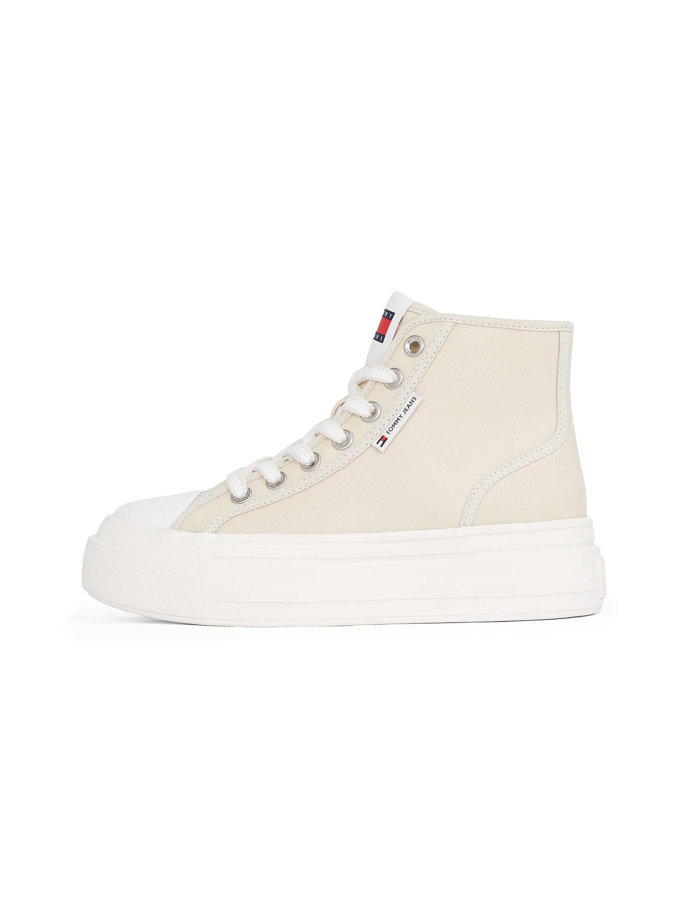 TOMMY JEANS Plateausneakers TJW FOXING FLATFORM SNEAKER HIGH freizeitschoen veterschoenen high top sneaker met contraststiksels