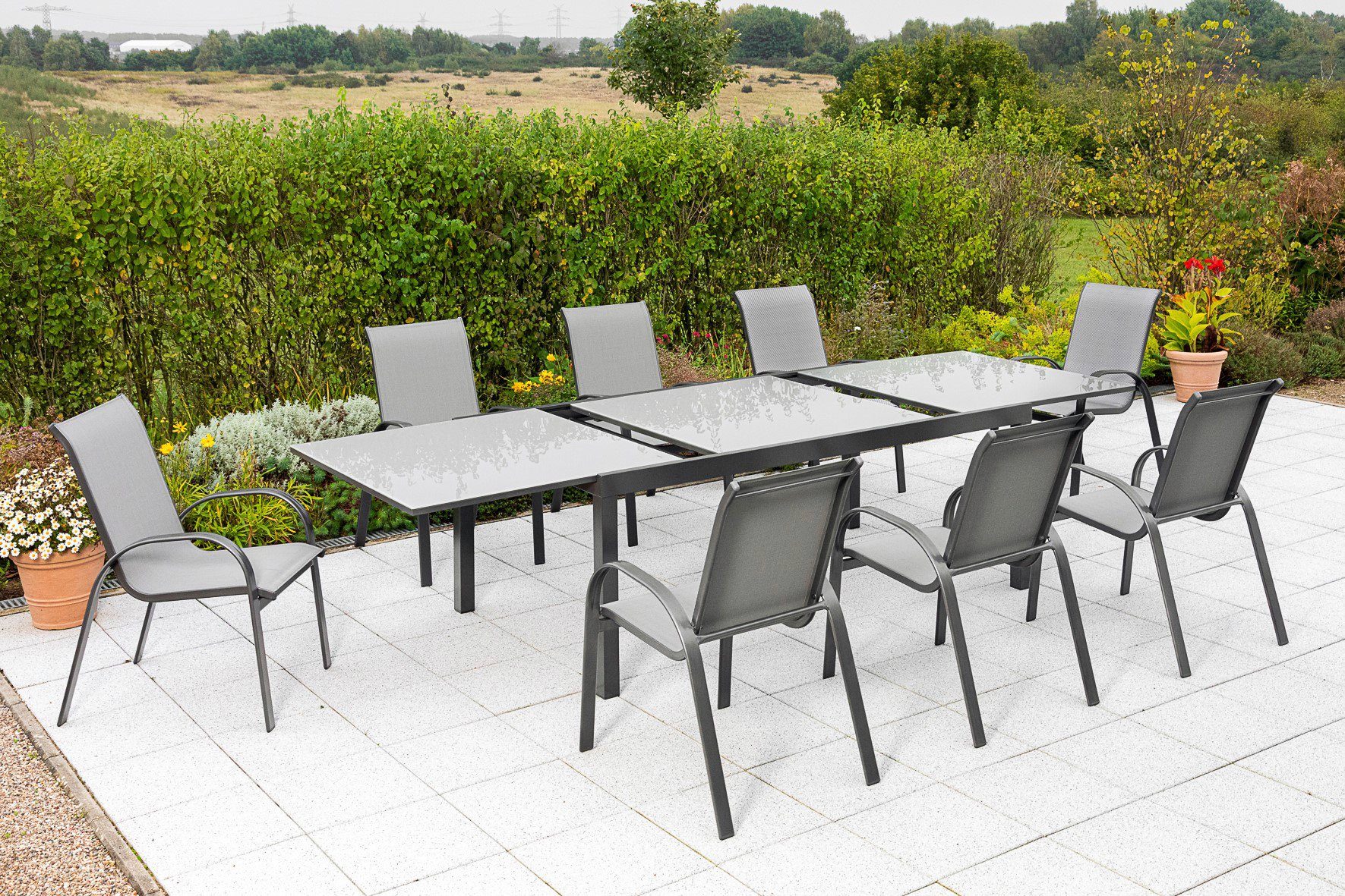 MERXX Tuin-eethoek Amalfi 8 stapelstoelen, uitschuifbare tafel (set, 9-delig) tuinsets