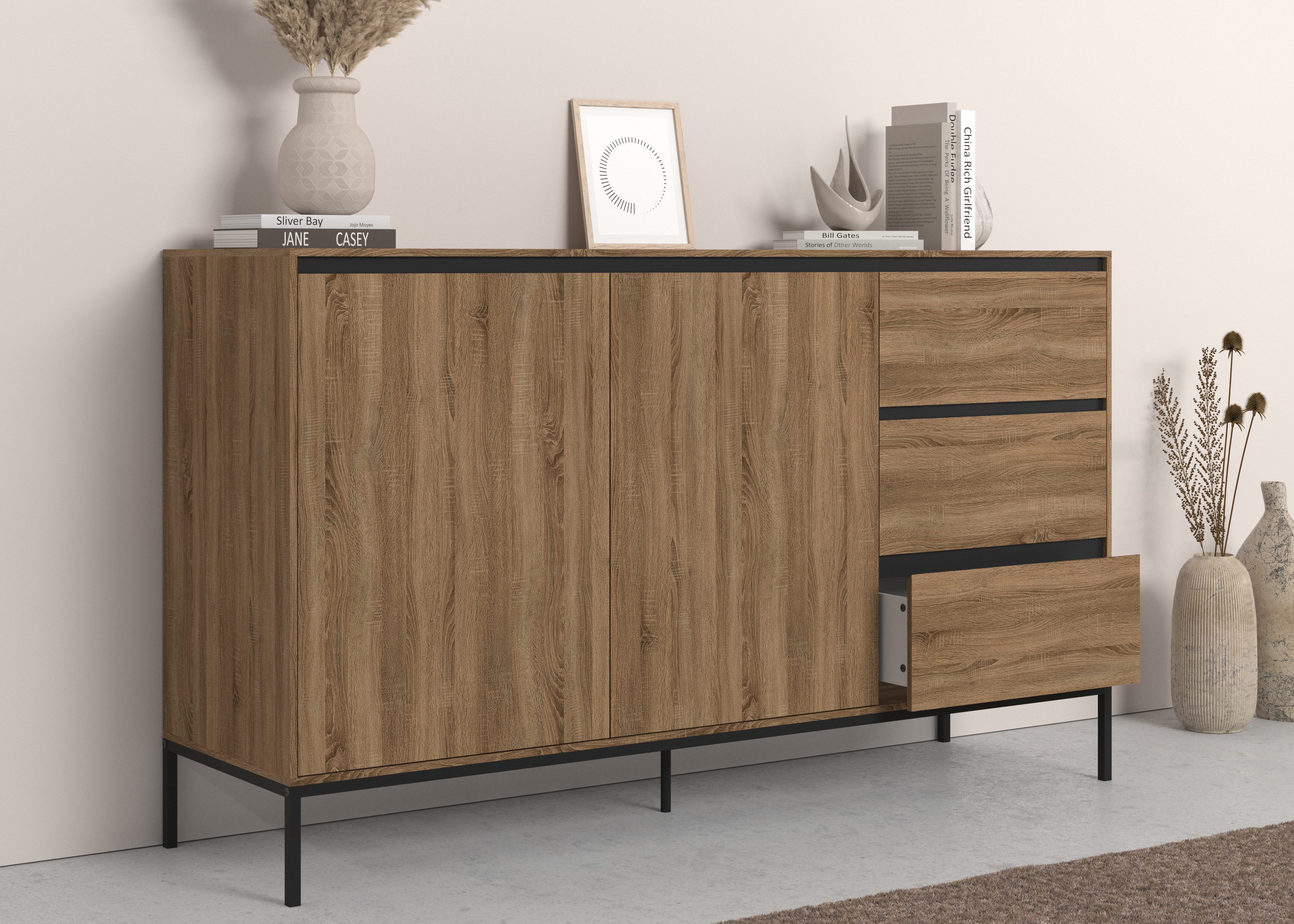 INOSIGN Dressoir Bari Commode met 2 deuren en 3 lades, breedte 140 cm dressoirs bruin