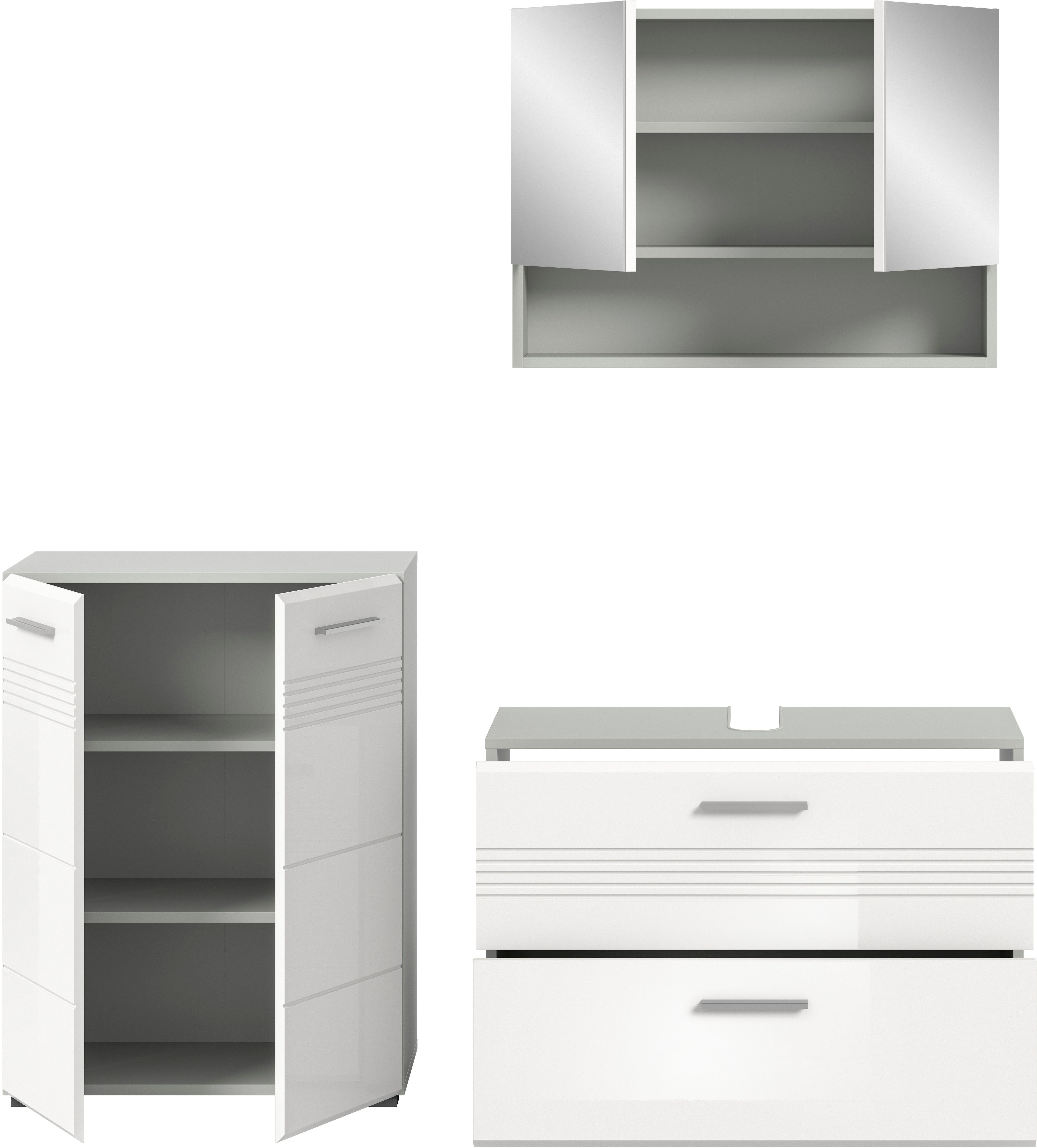 welltime Badmeubelset Calicio, bestaande uit: midikast, wastafelonderkast Spiegelschrank, hoogwaardige MDF front met groeffrasing (3 stuks)