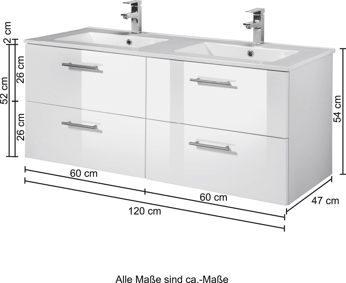 welltime Dubbele wastafel Trento, in verschillende designs en kleuren Badkamermeubel in breedte 120 cm, 2 dubbele wasbak ter keuze