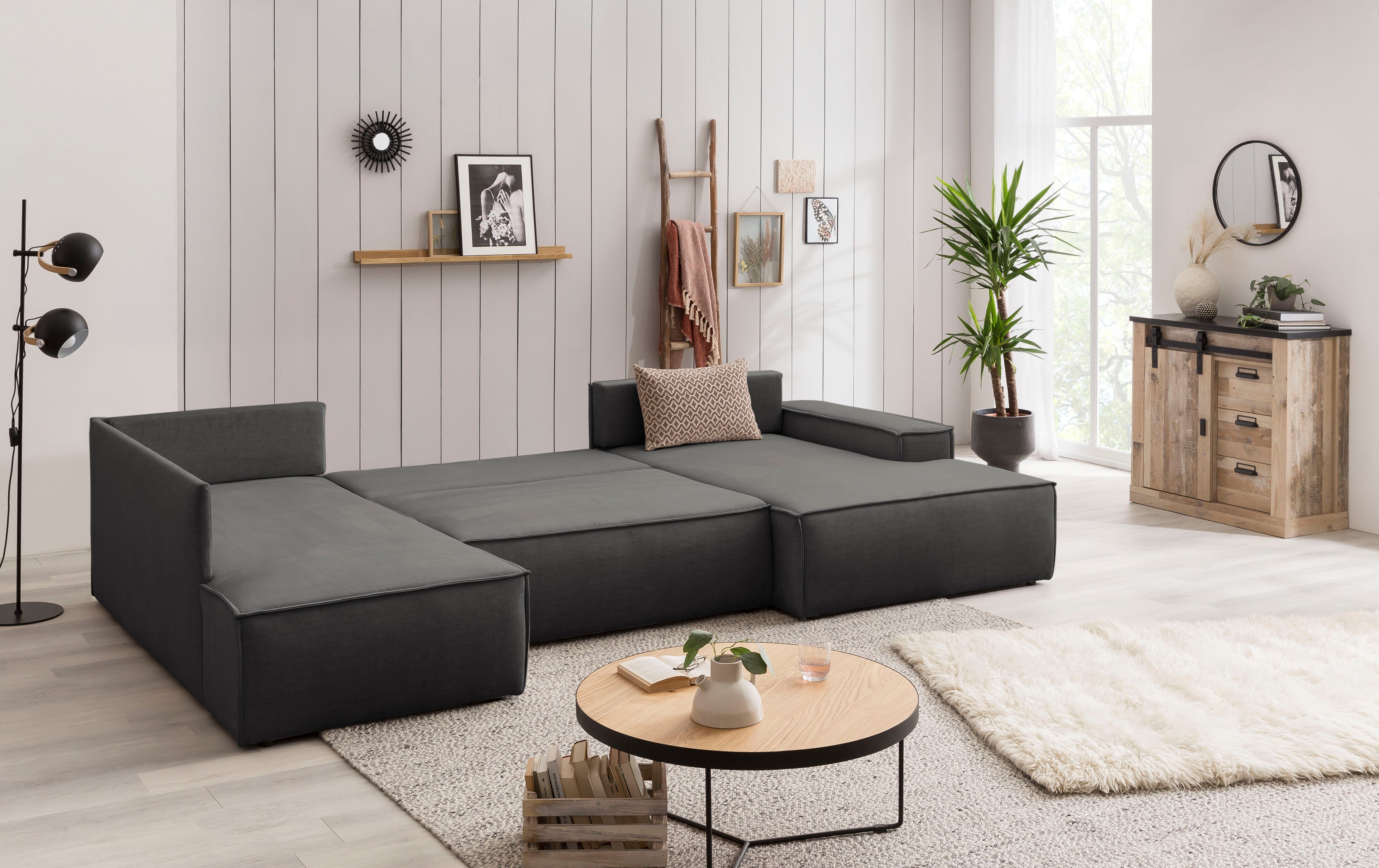 Home affaire Zithoek SHERWOOD 329 cm, U-vorm, slaapbank, Slaapfunctie met bedkist (194x139 cm), cord, vintage, fluweel