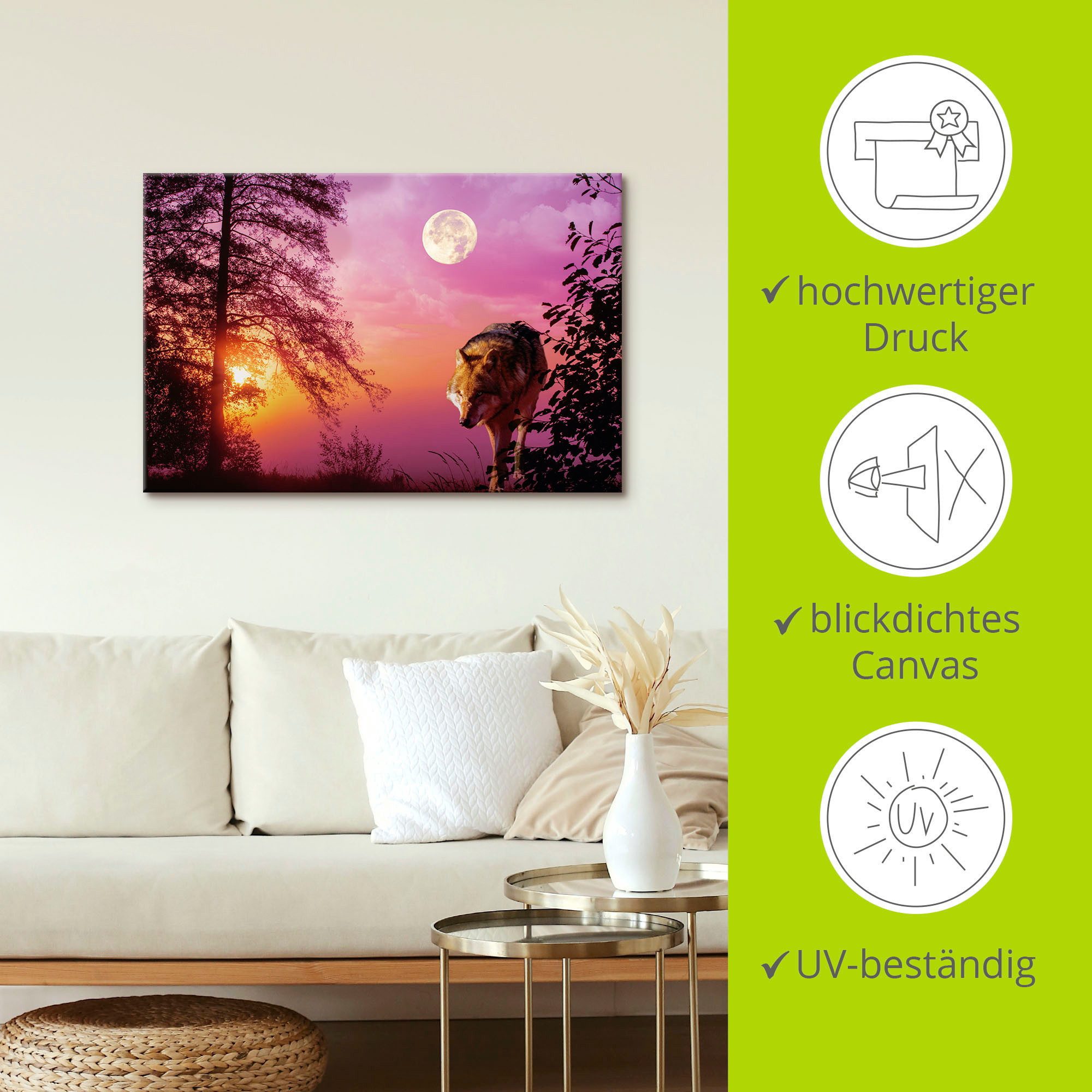 Artland Artprint Wolf bij volle maan als artprint van aluminium, artprint voor buiten, artprint op linnen, poster in verschillende maten. maten