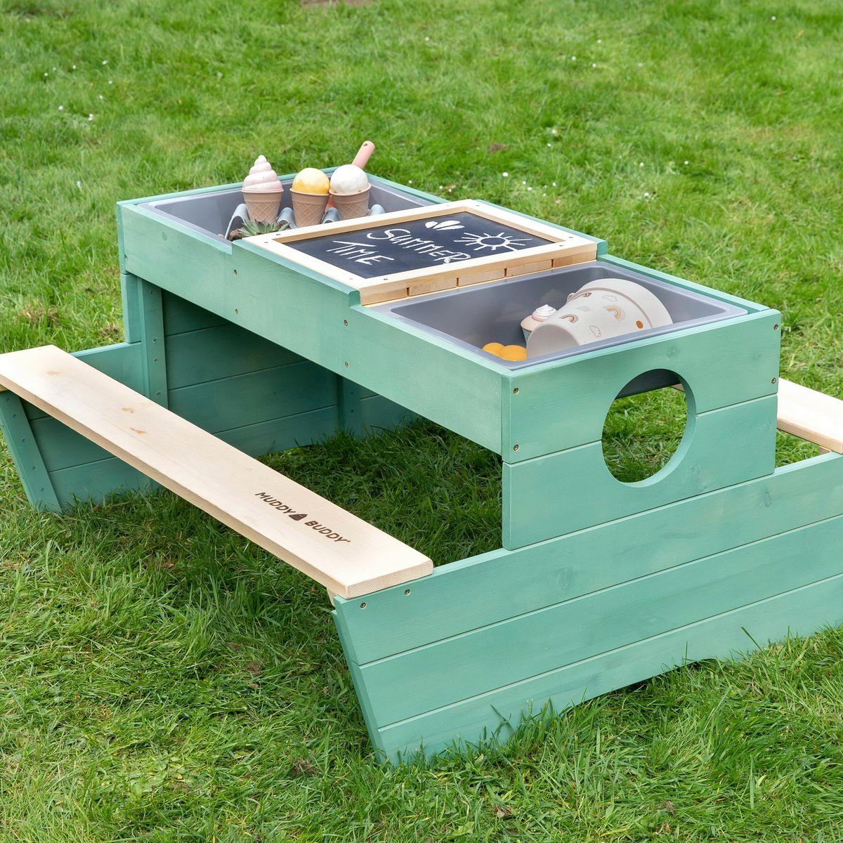 MUDDY BUDDY® Kinderzithoek voor in de tuin Creator Outdoor speeltafel, natuurlijk - salie, FSC® - beschermt bossen - wereldwijd