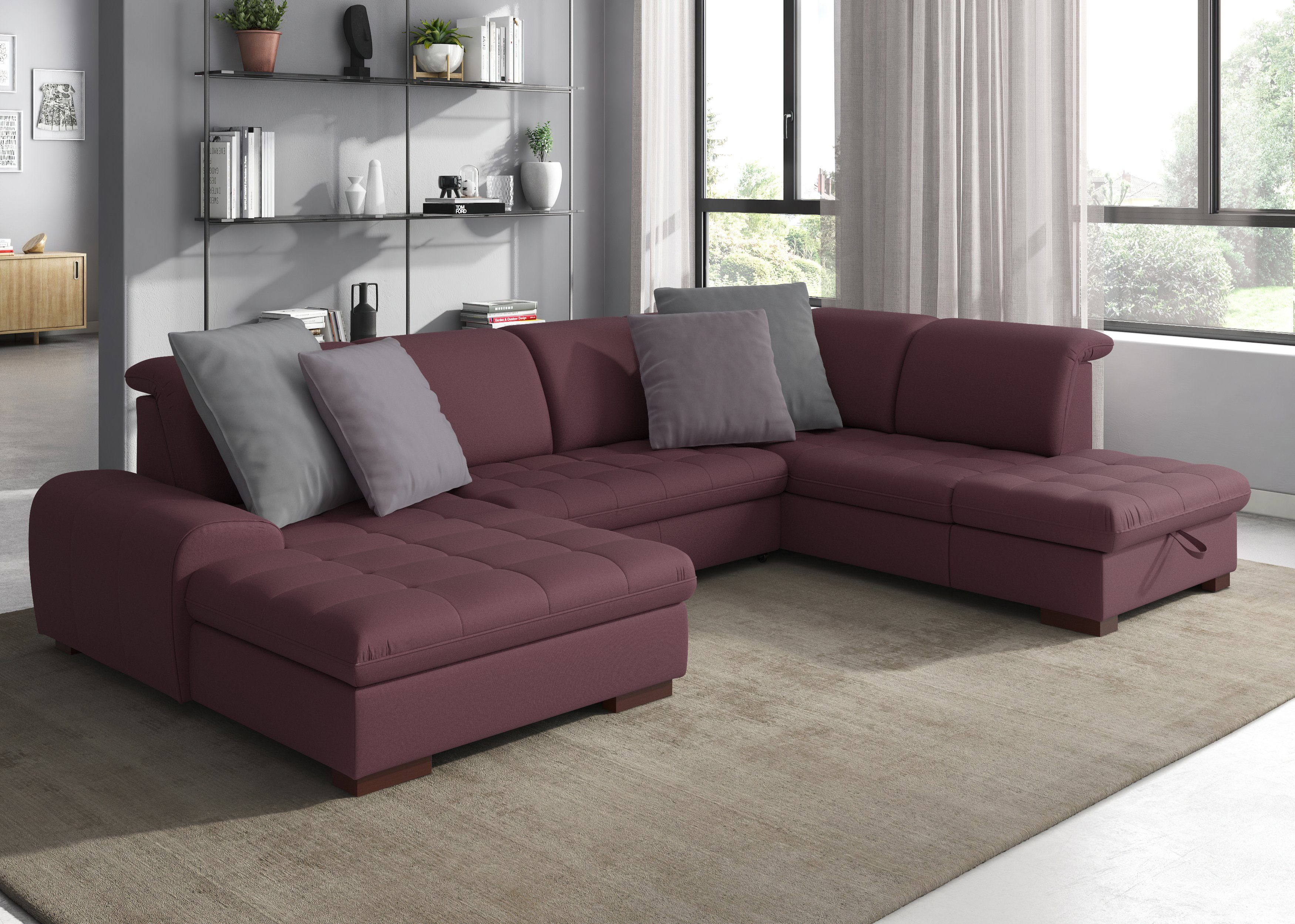 sit&more Zithoek Luxor U-vorm naar keuze met slaapfunctie, bedkist en verstelbare hoofdsteun rood, zithoeken, Ottomane rechts, Zonder