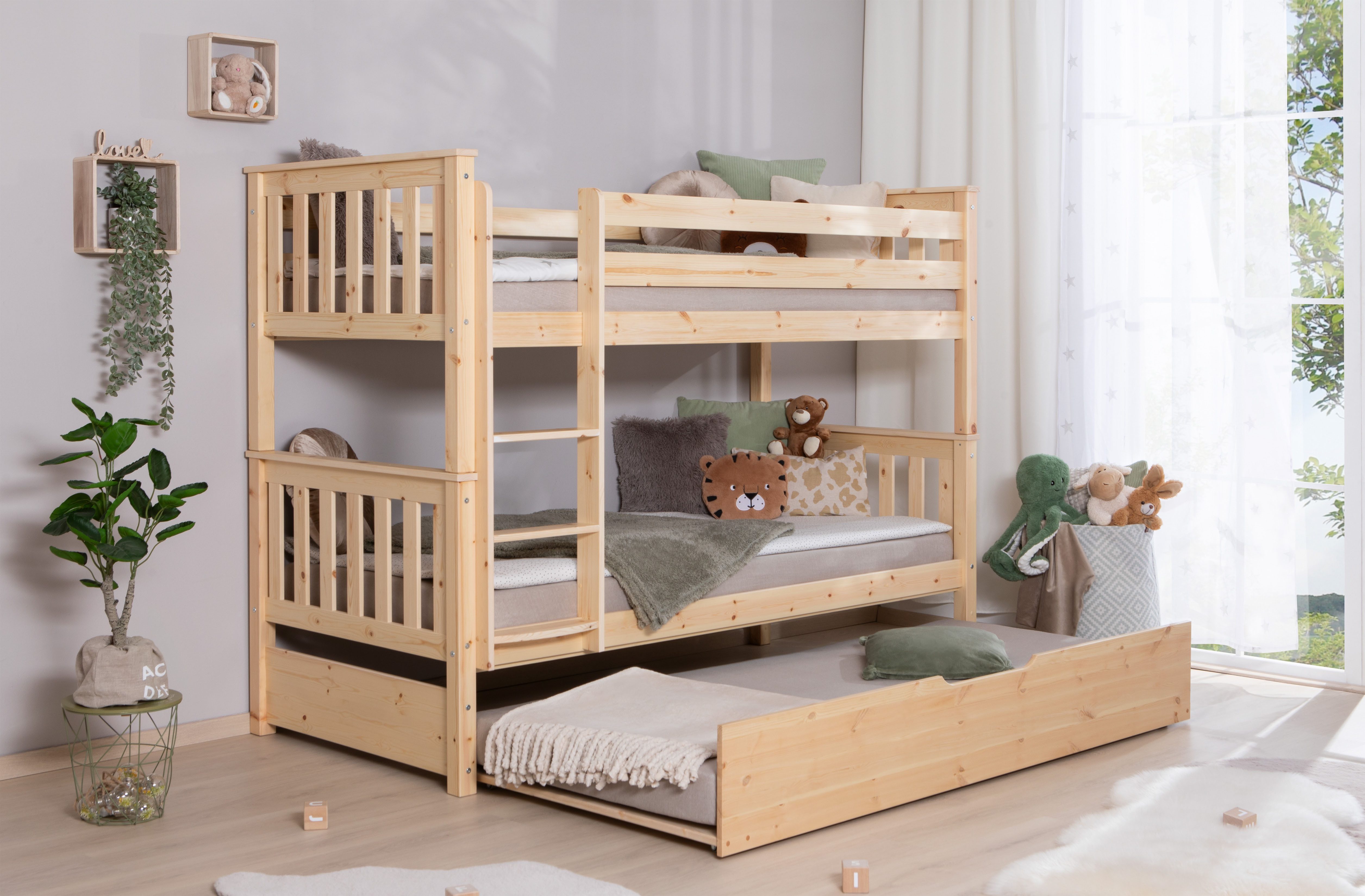 Ticaa Stapelbed Sammy, om te bouwen naar 2 eenpersoonsbedden, elegant ontwerp in landelijke stijl