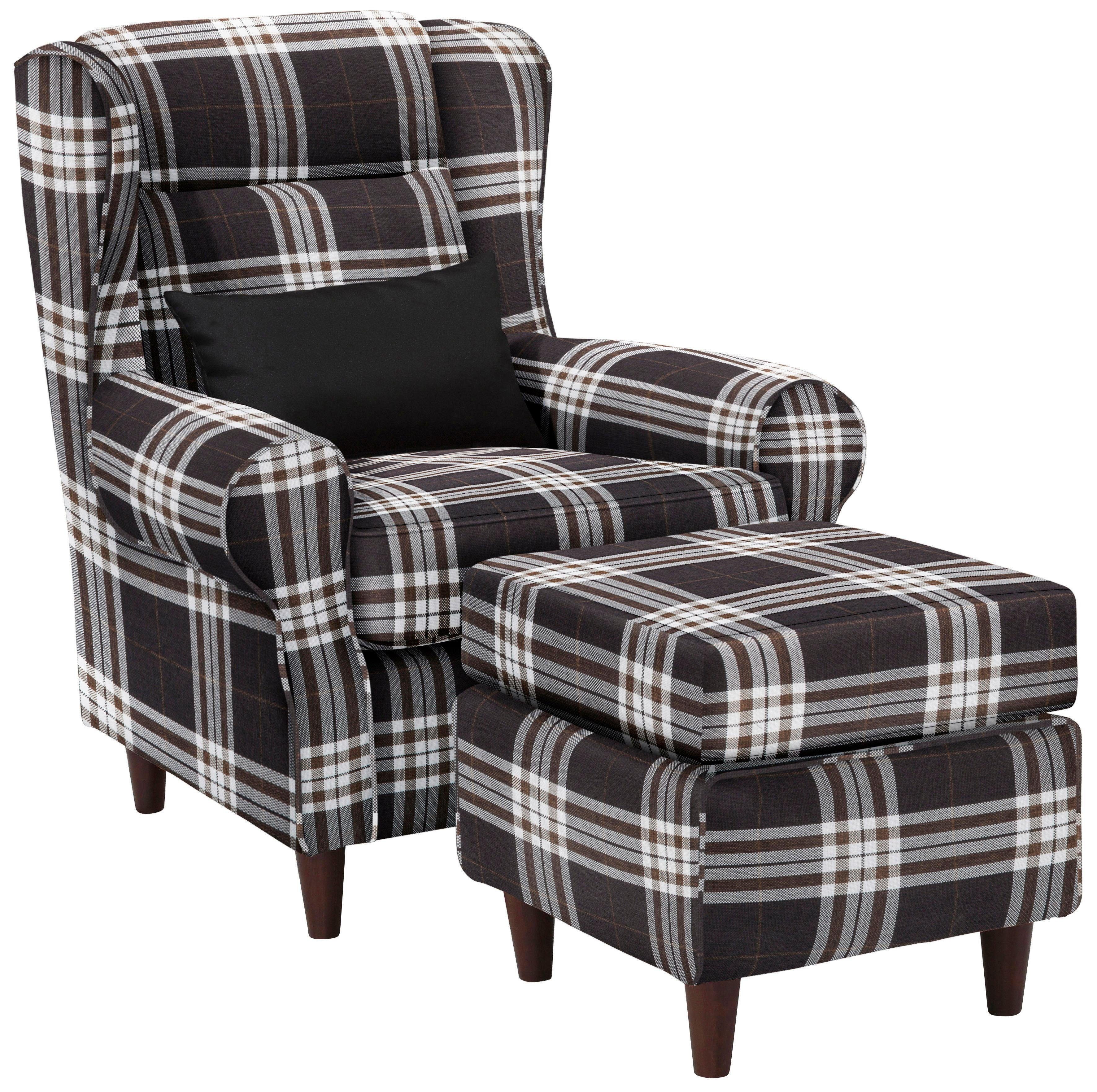 Home affaire Oorfauteuil Eric inclusief hocker in ruitstof of luxe-microvezel vintage-look
