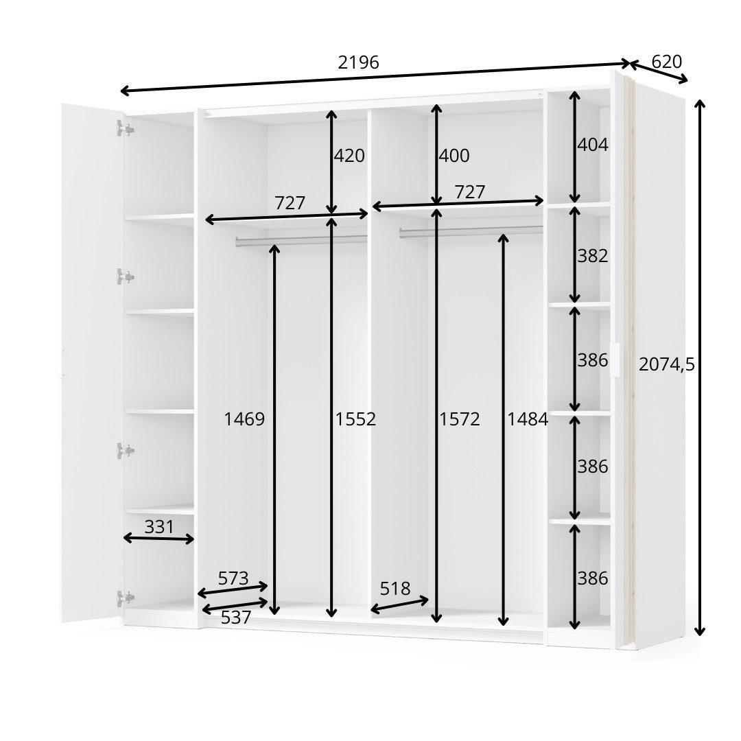 INOSIGN Kledingkast Calera met spiegel, 10 inlegplanken en kledingstang Garderobe met 2 schuifdeuren en 2 draaideuren, BxHxD 219,6x207,5x62 cm