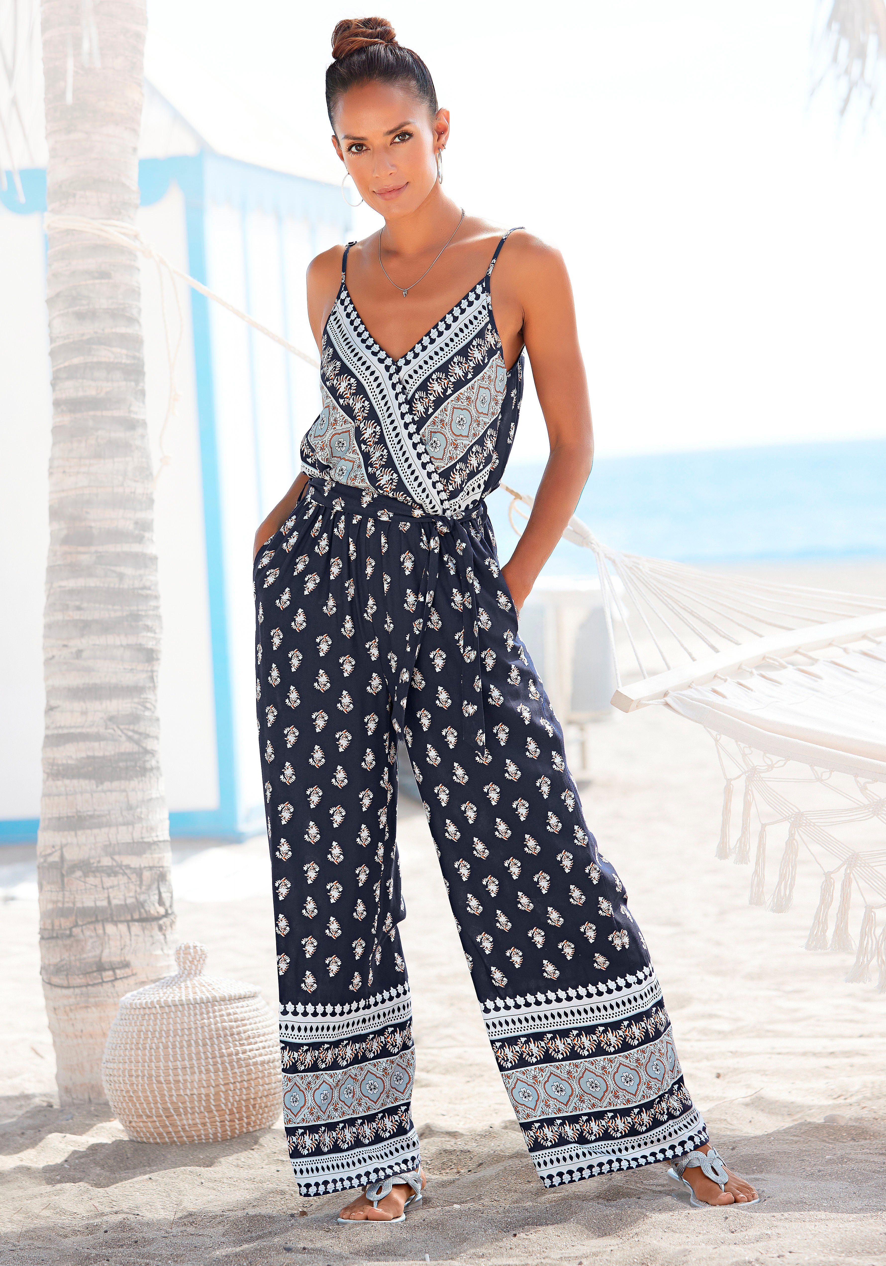 Vivance Jumpsuit met boorddruk en zakken, zomerse jumpsuit, wijde pijpen