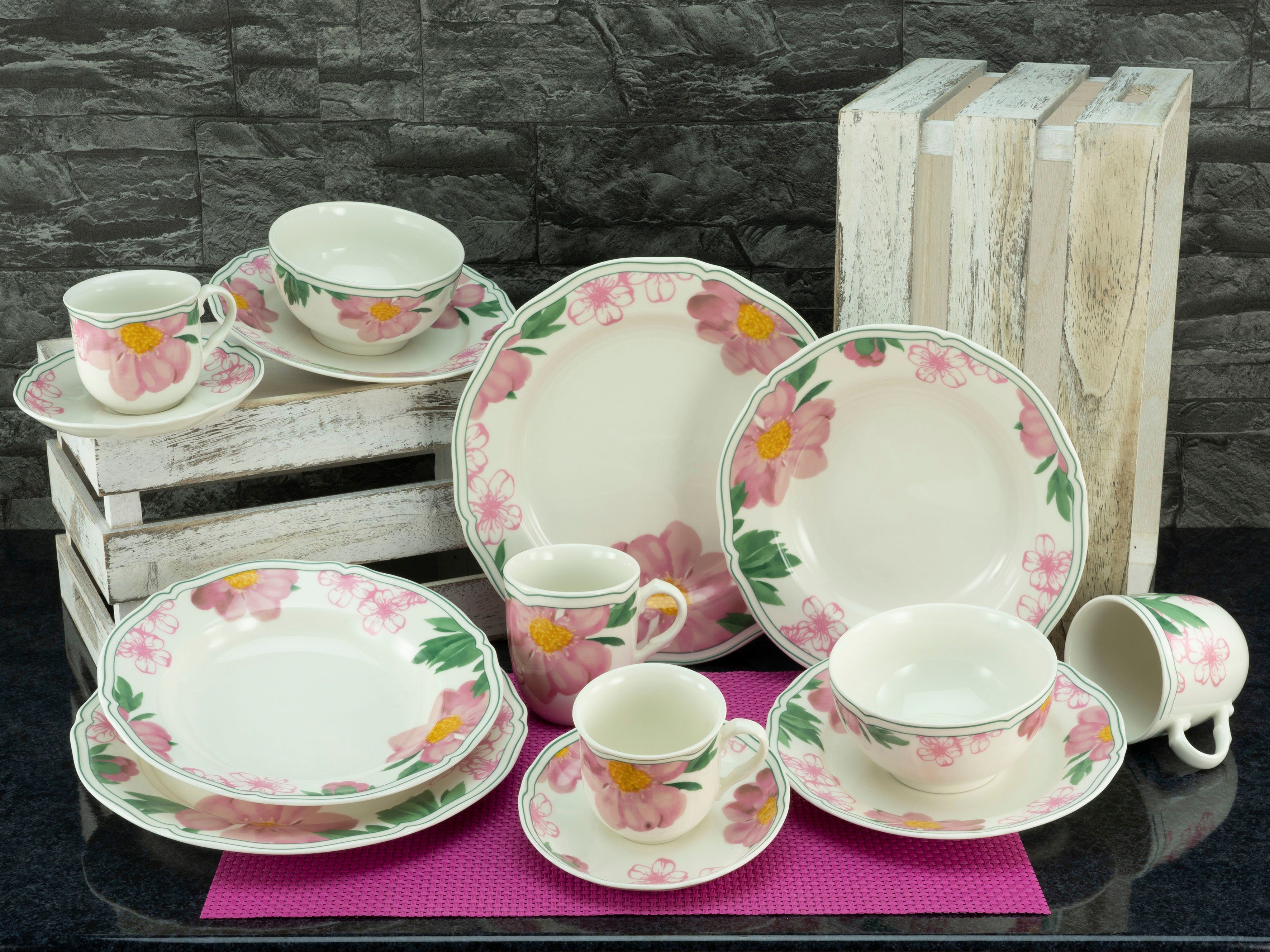 CreaTable Combi-servies Servies-set Rose Servies, premium-porselein, Made in Europe, 30 delen, voor 6 personen (set, 30-delig)