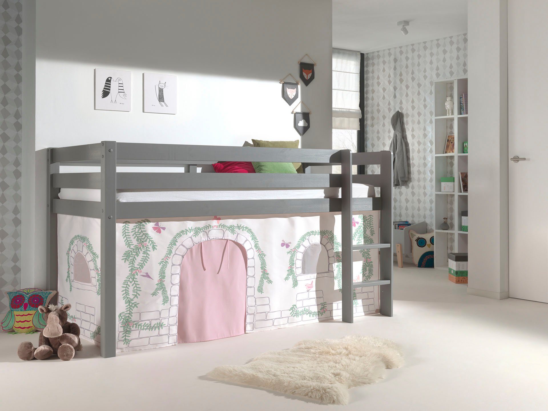 Vipack Hoogslaper PINO Massief hout, textielset 'Birdy', naar keuze met glijbaan en bedtunnel
