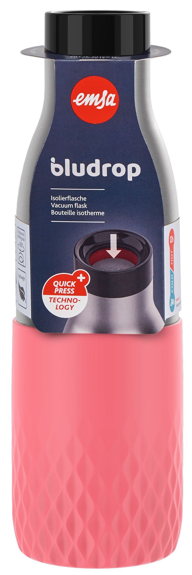 Emsa Drinkfles Bludrop Sleeve Roestvrij staal/siliconen, quick-press, 12u warm/24u koel (1-delig)