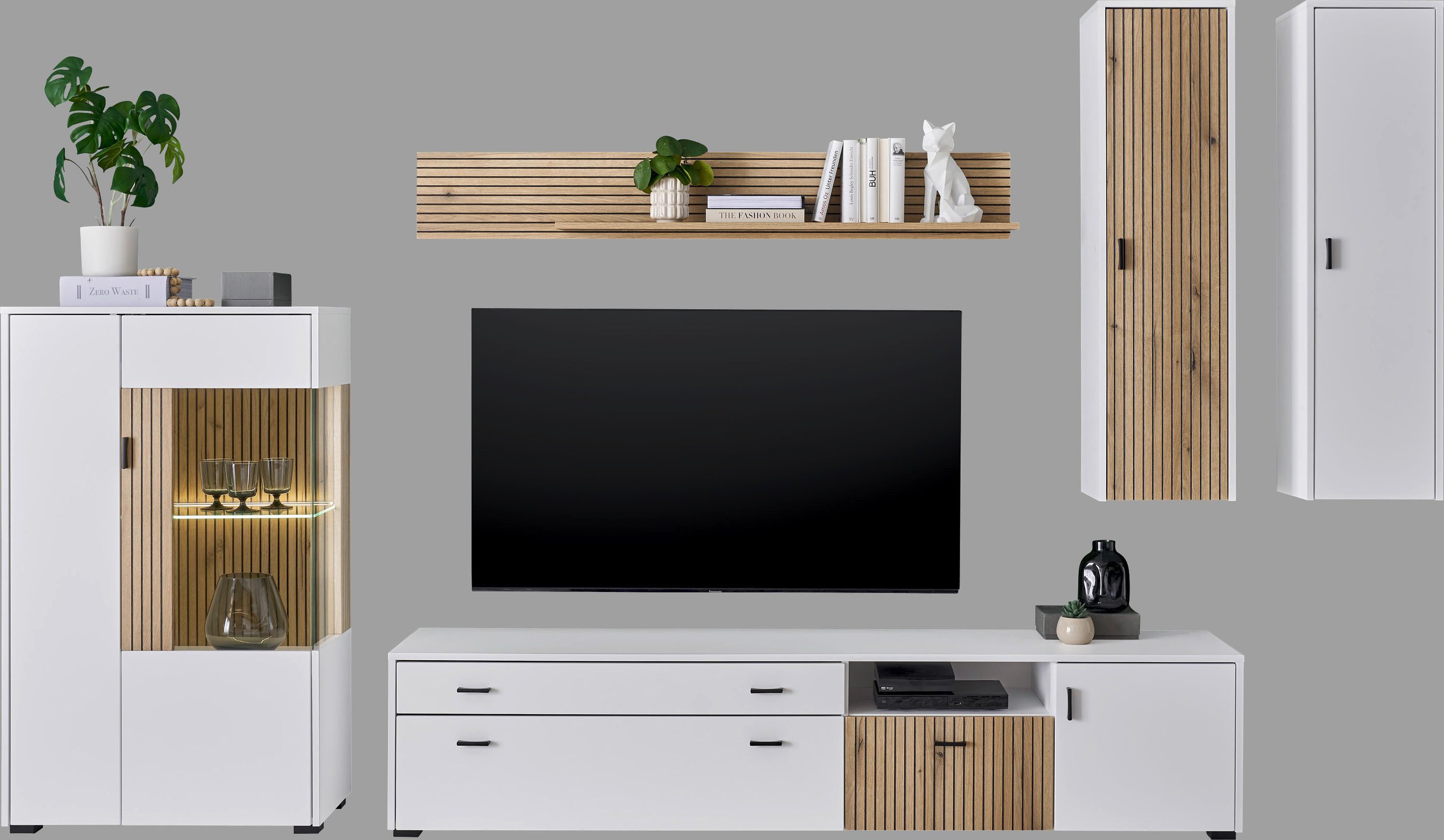 INOSIGN Wandmeubel Hudson met moderne groevenlook, handgrepen van metaal (zwart), breedte 328 cm (set, 5-delig)