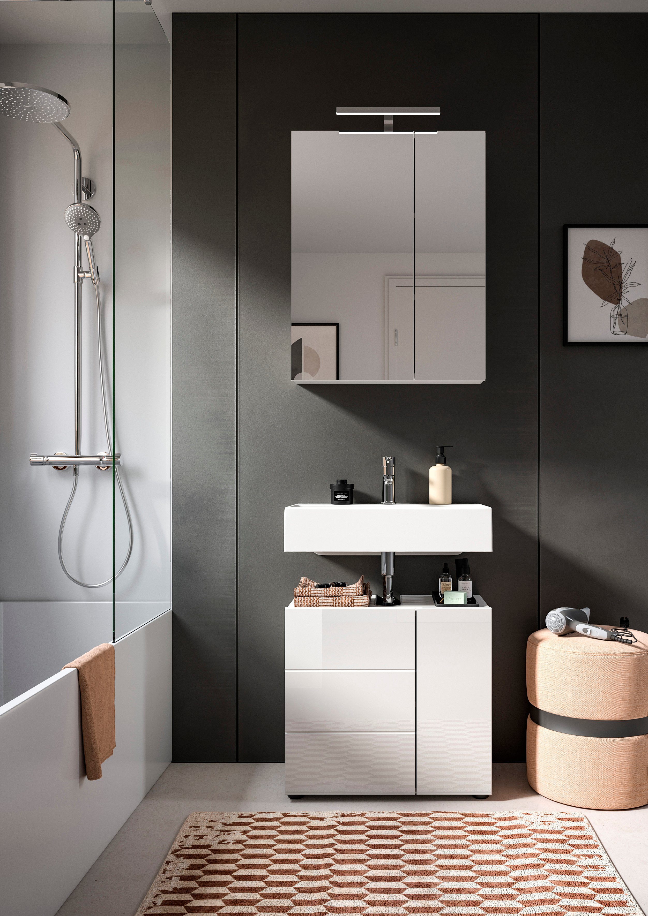 welltime Wastafelonderkast BIEL, TOPSELLER!, Breedte 60 cm, 1 deur, 2 vakken, met sifonaansluiting (1 stuk)