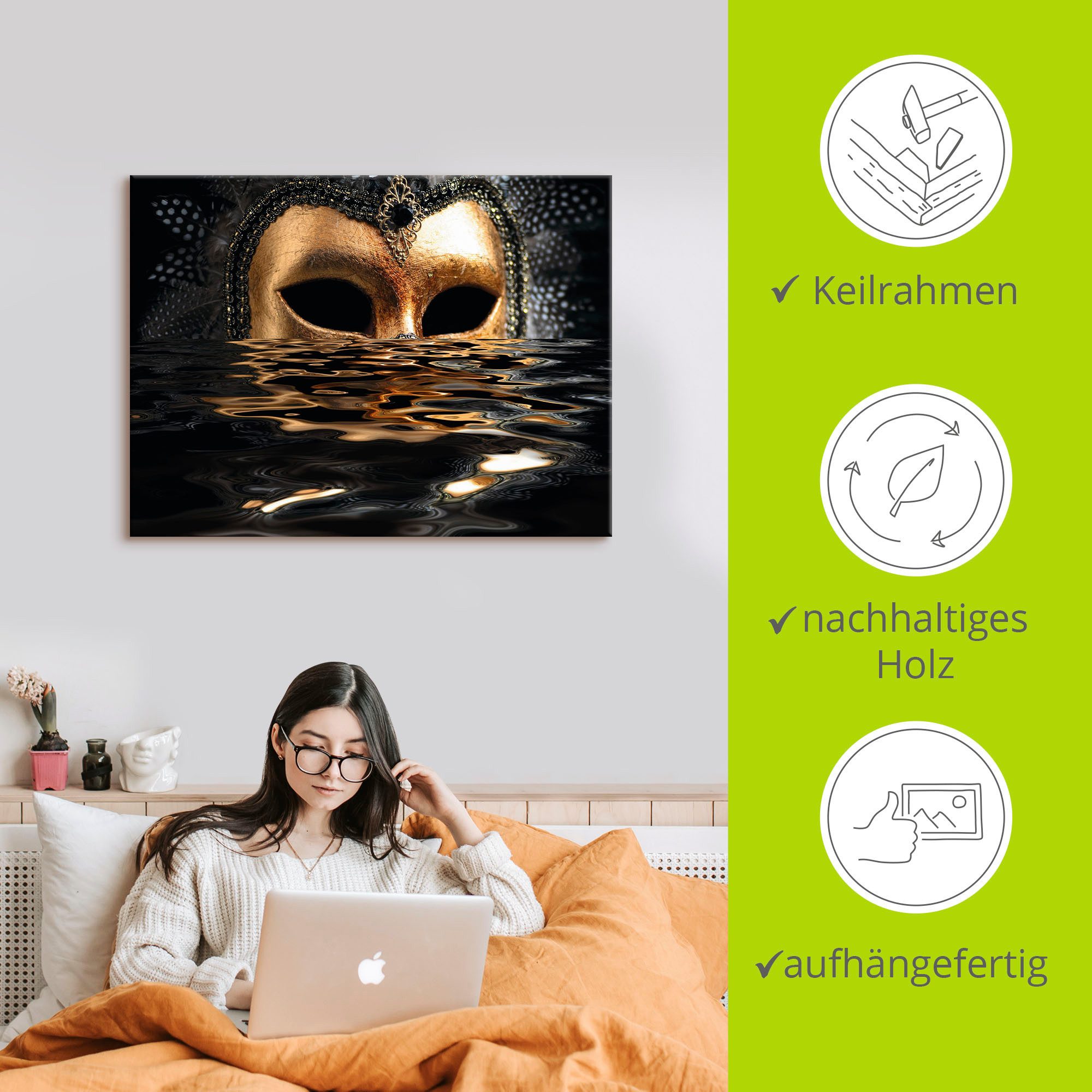 Artland Artprint Venetiaans masker met bladgoudkleur als artprint van aluminium, artprint voor buiten, artprint op linnen, poster, muursticker