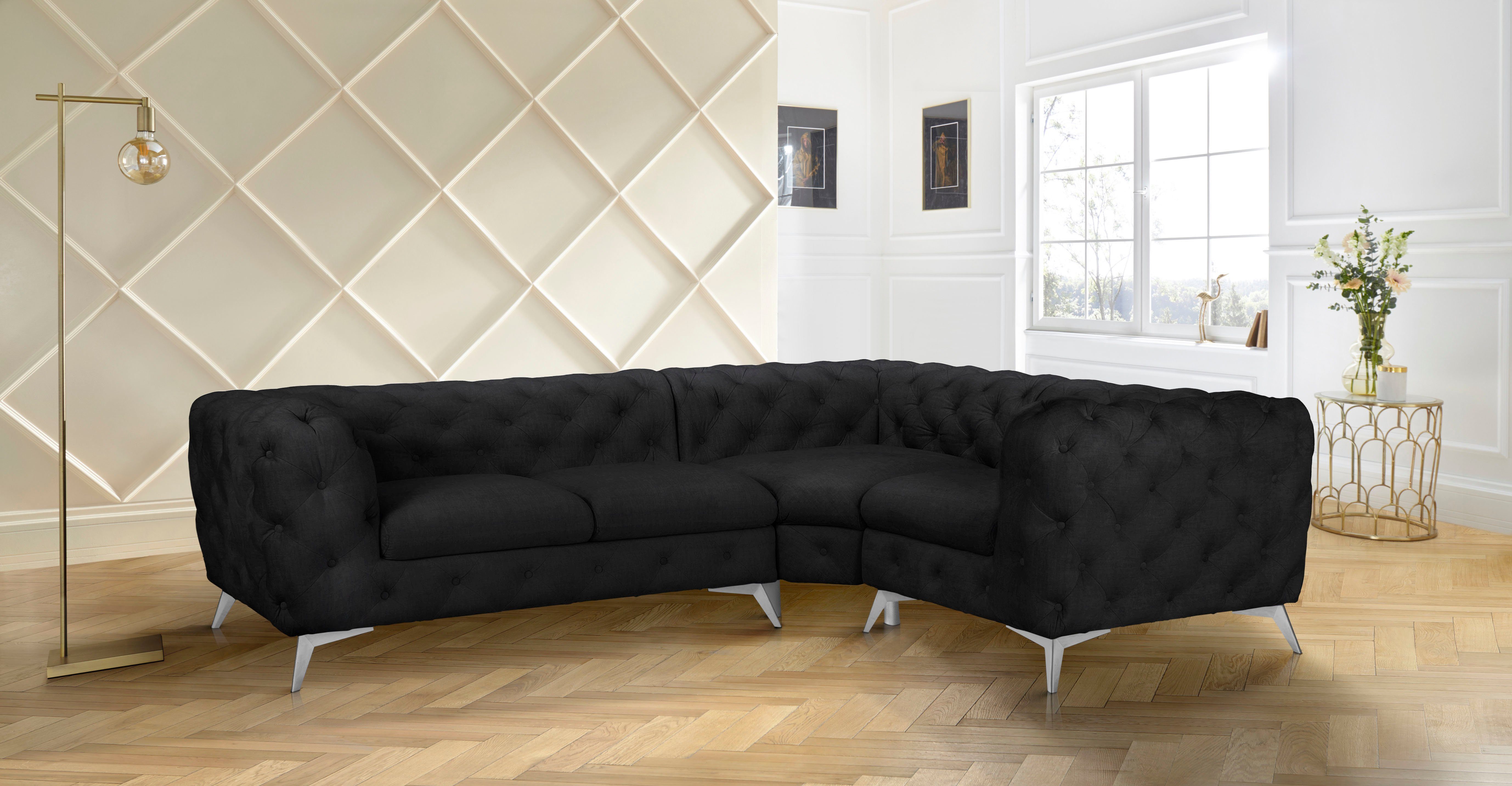 Leonique Chesterfield-bank Hoekbank GLYNIS L-vorm met golfvering, afmetingen B/D/H 264/204/75cm luxueuze capitonnage, moderne chesterfield look, kleur van de poten ter keuze