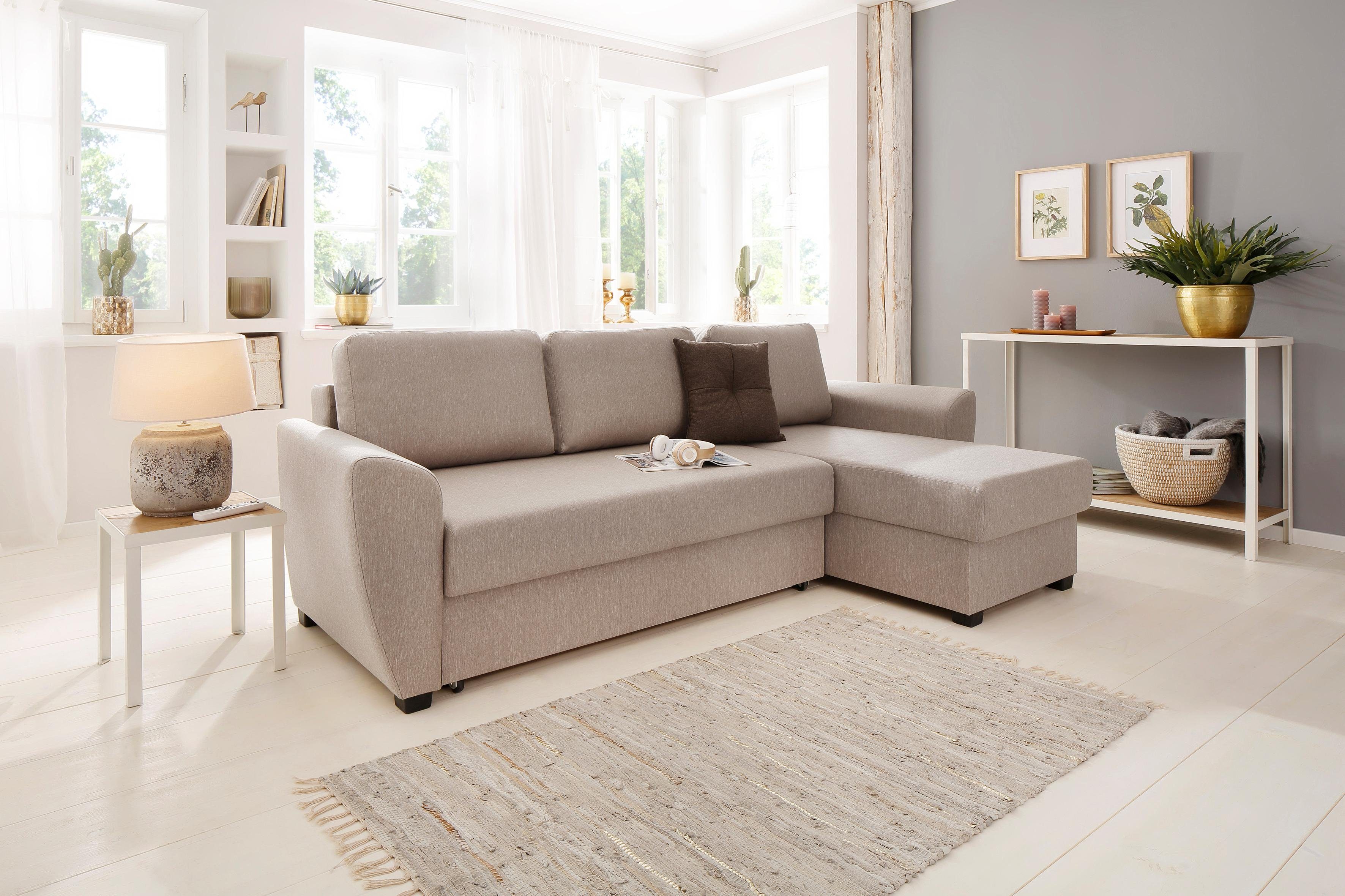 home affaire hoekbank quin met slaapfunctie, bedkist en sierkussen, met binnenvering bruin