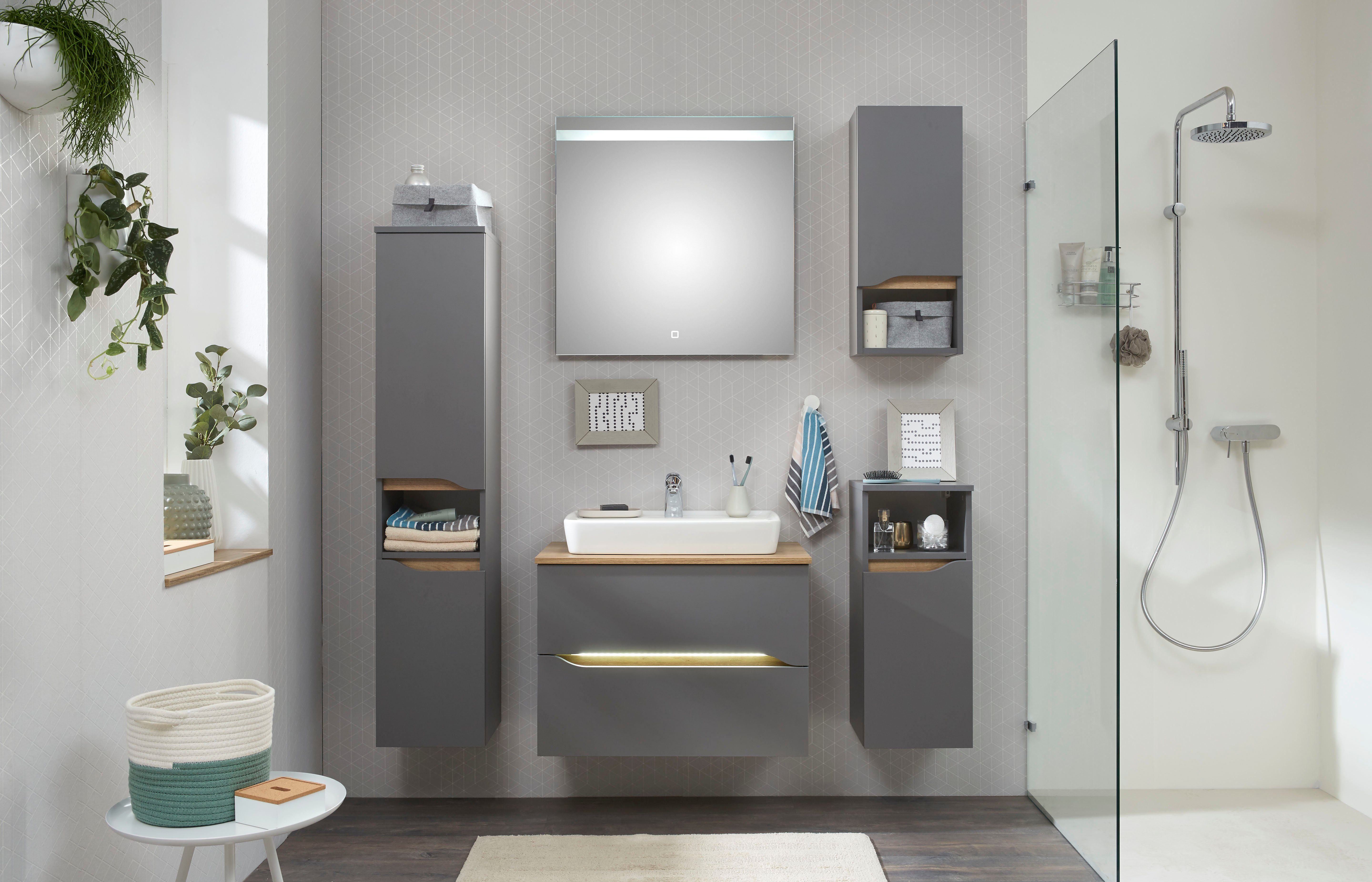Saphir Badkamerserie Quickset 5-delig, keramieken opzetwasbak met led-spiegel Halfhoge kast, onderkast, hangend kastje, inclusief deurdemper, 6 deuren (8-delig)