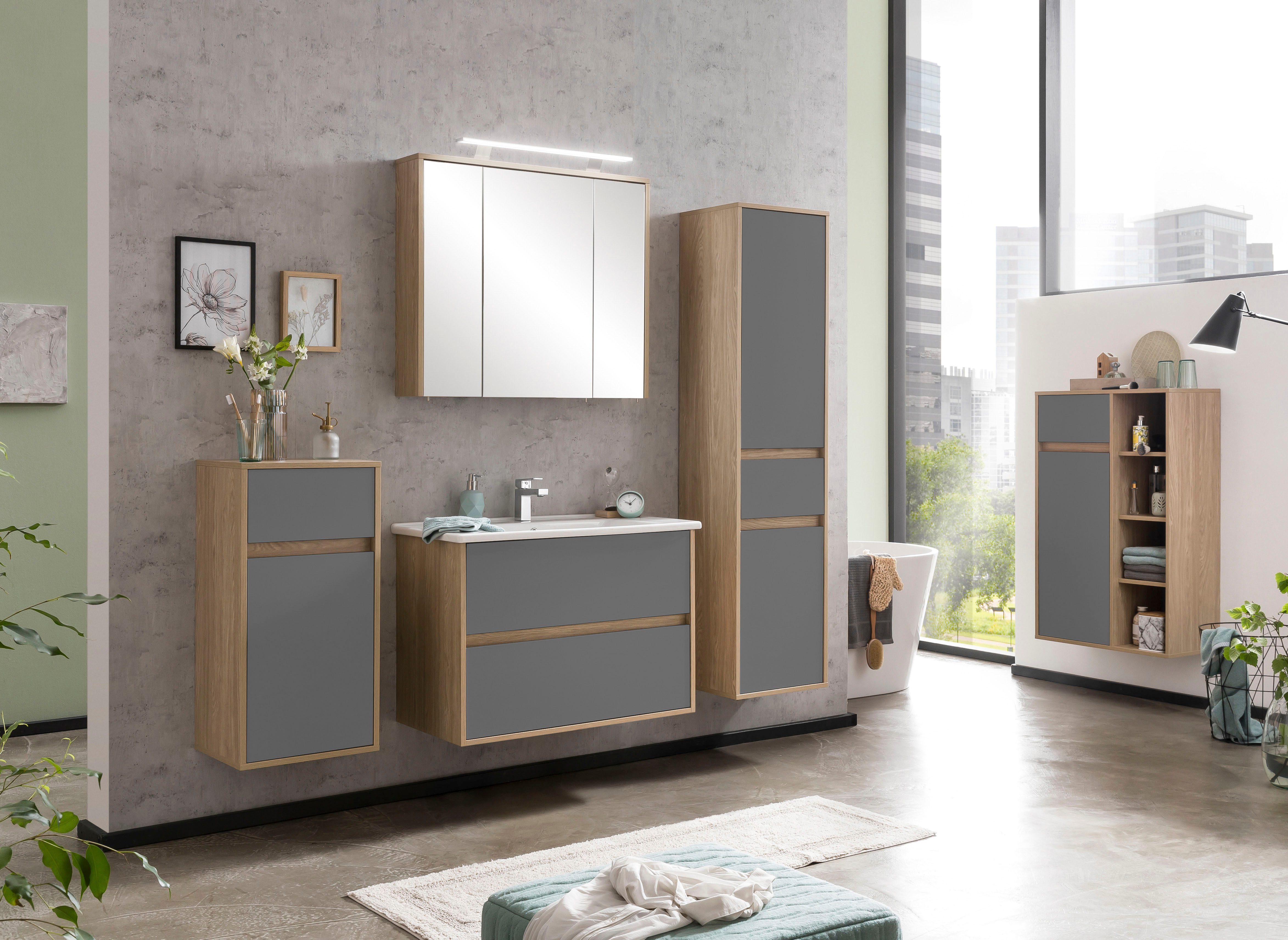 Schildmeyer Wastafelonderkast Mali, breedte 85 cm Houtdecor met voelbare structuur, keramisch bekken