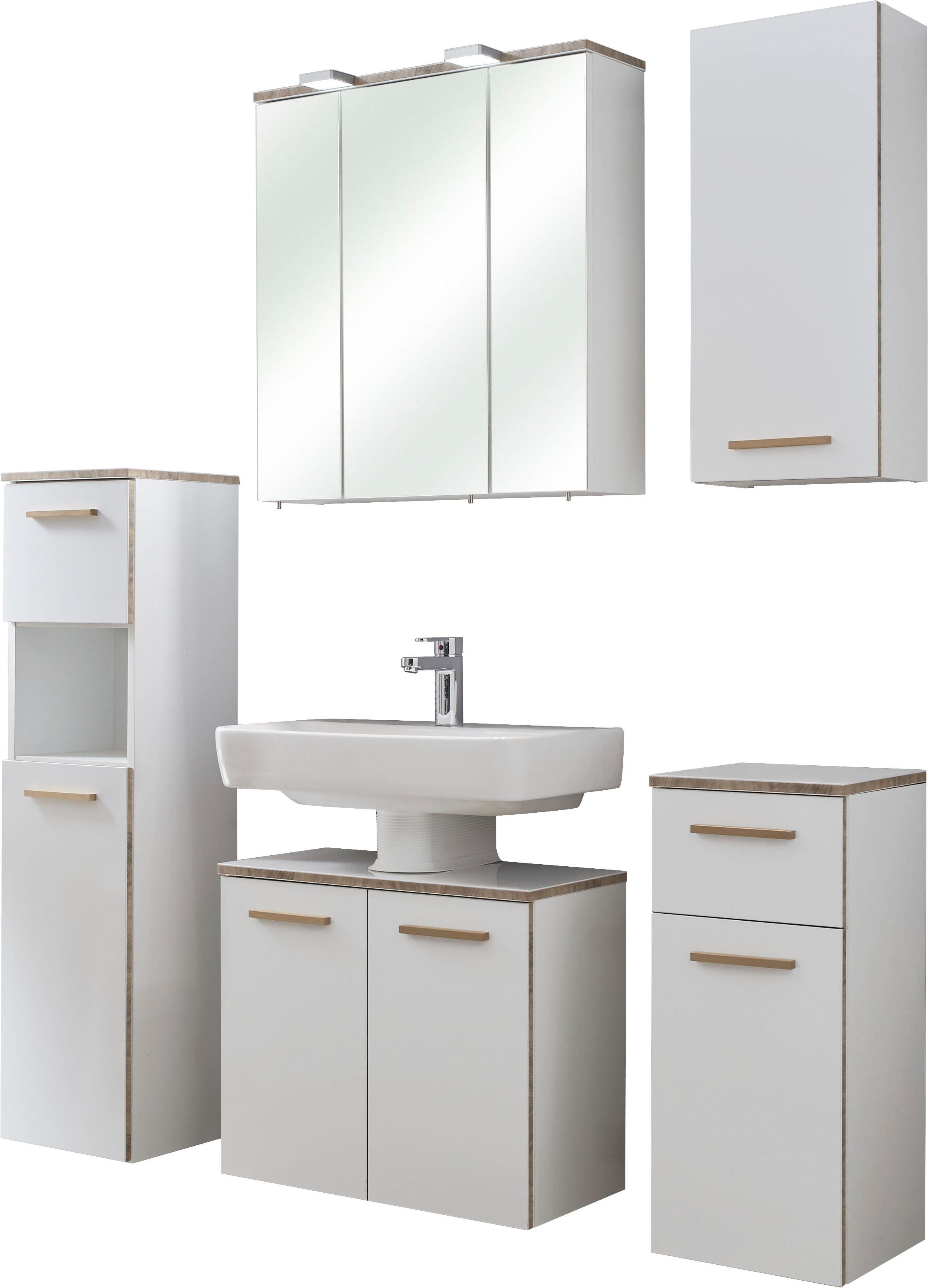 Saphir Badkamerserie Quickset 931 5-delig, wastafelonderkast met LED-spiegelkast Middel kast, onderkast, hangkast, incl. deurdemper, wit glanzend (set, 5-delig)