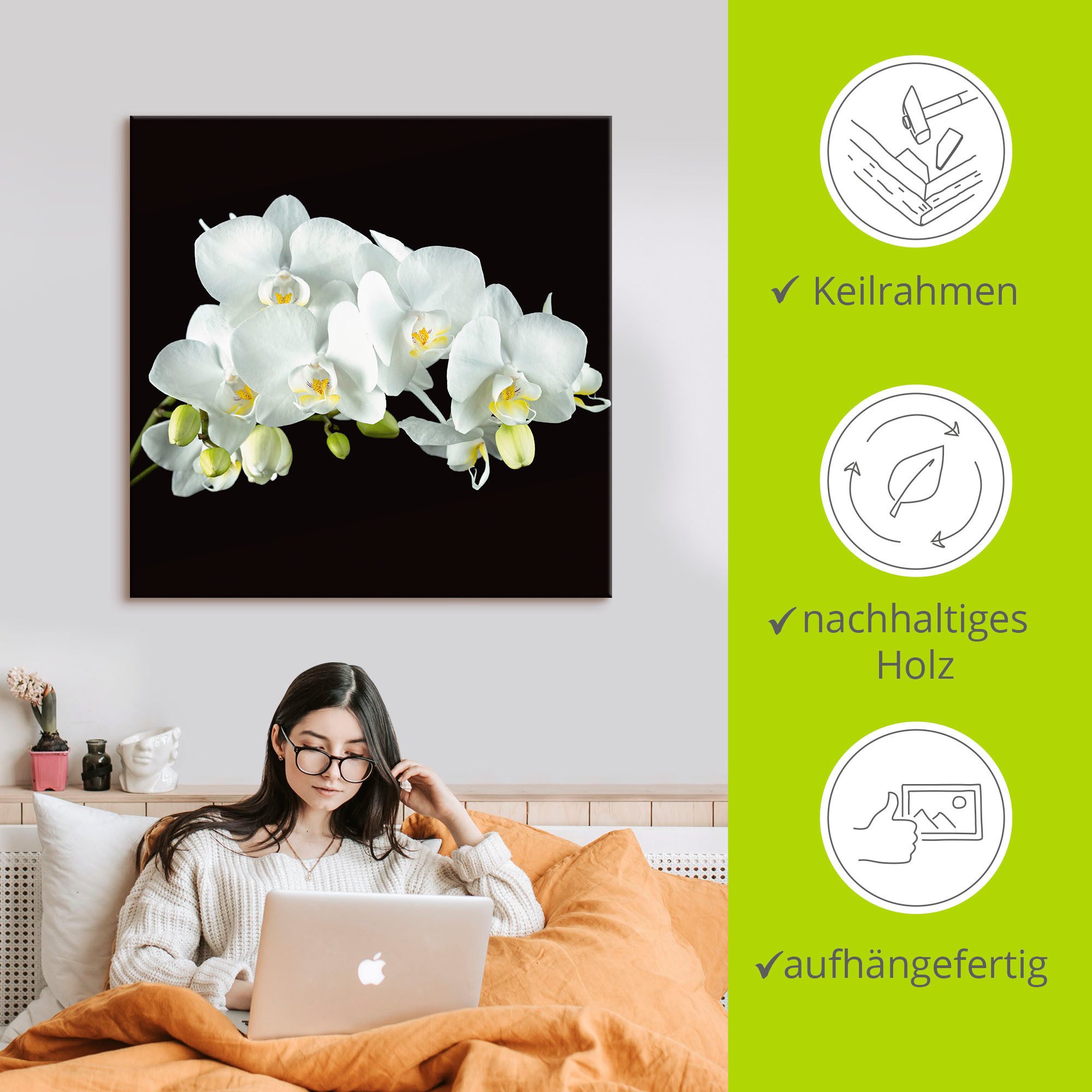Artland Artprint Witte orchidee op een zwarte achtergrond als artprint op linnen, poster, muursticker in verschillende maten