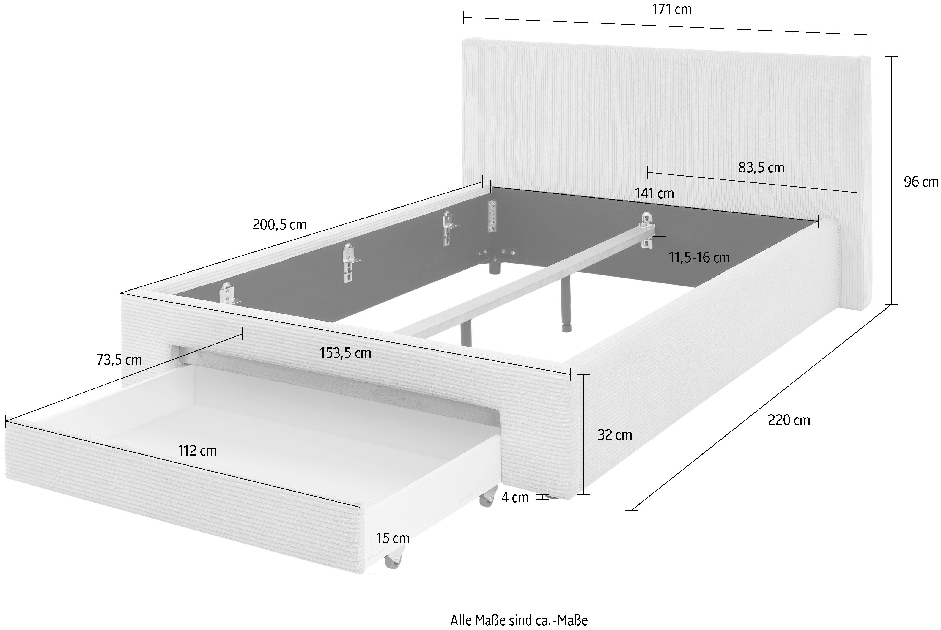 INOSIGN Gestoffeerd bed CiTY/GiRON, bedframe met bedlade, gestoffeerd opbergbed met hondenbed of opberglade, bekleding van corduroy of linnenlook