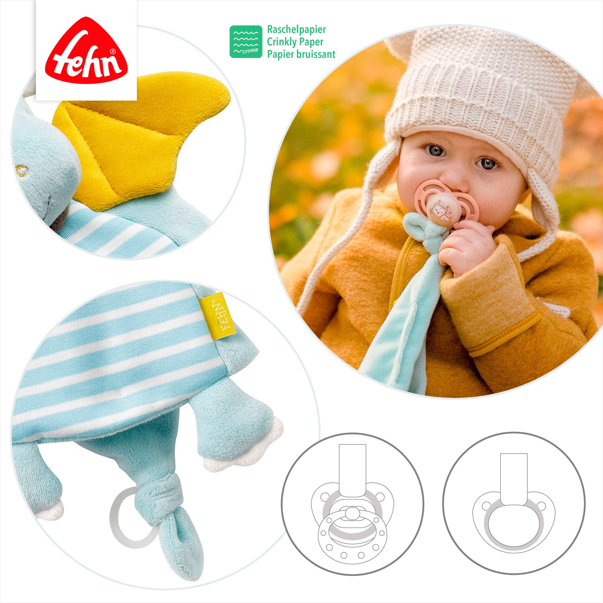 Fehn Knuffeldoek Little Castle, deluxe draak met bevestigingsring voor speen