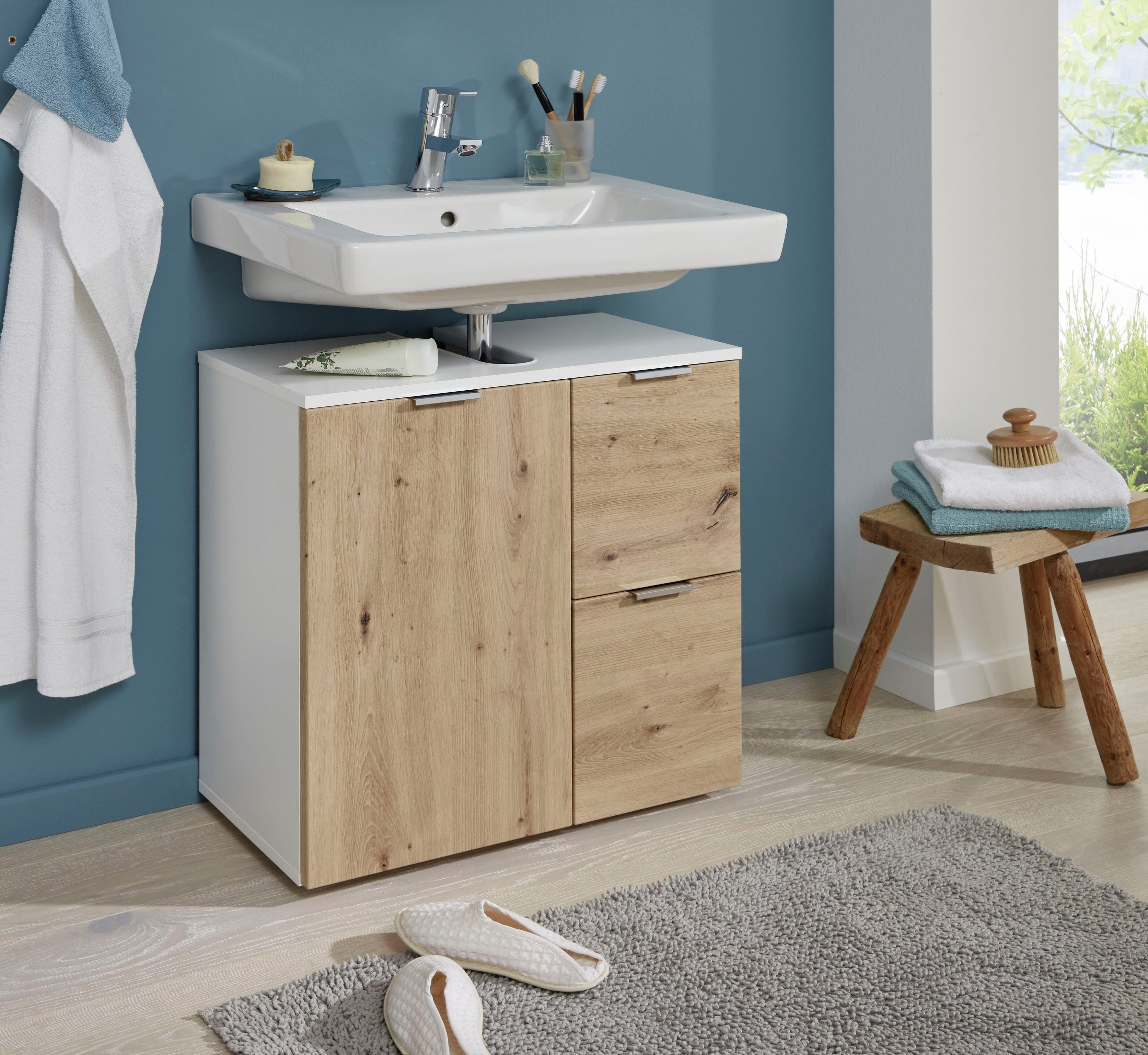 trendteam Wastafelonderkast Concept One Wastafel met 2 vakken en 2 lades in wit/echt houtlook