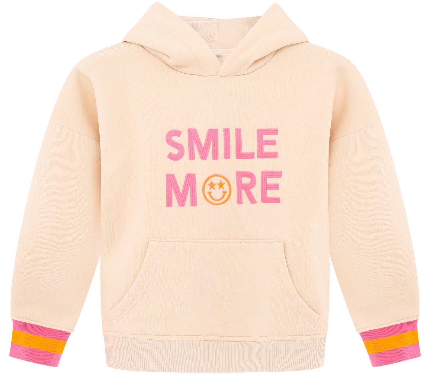 Zwillingsherz Hoodie Jovanna Kids met "smile more"-borduursel en neonkleurige armboorden