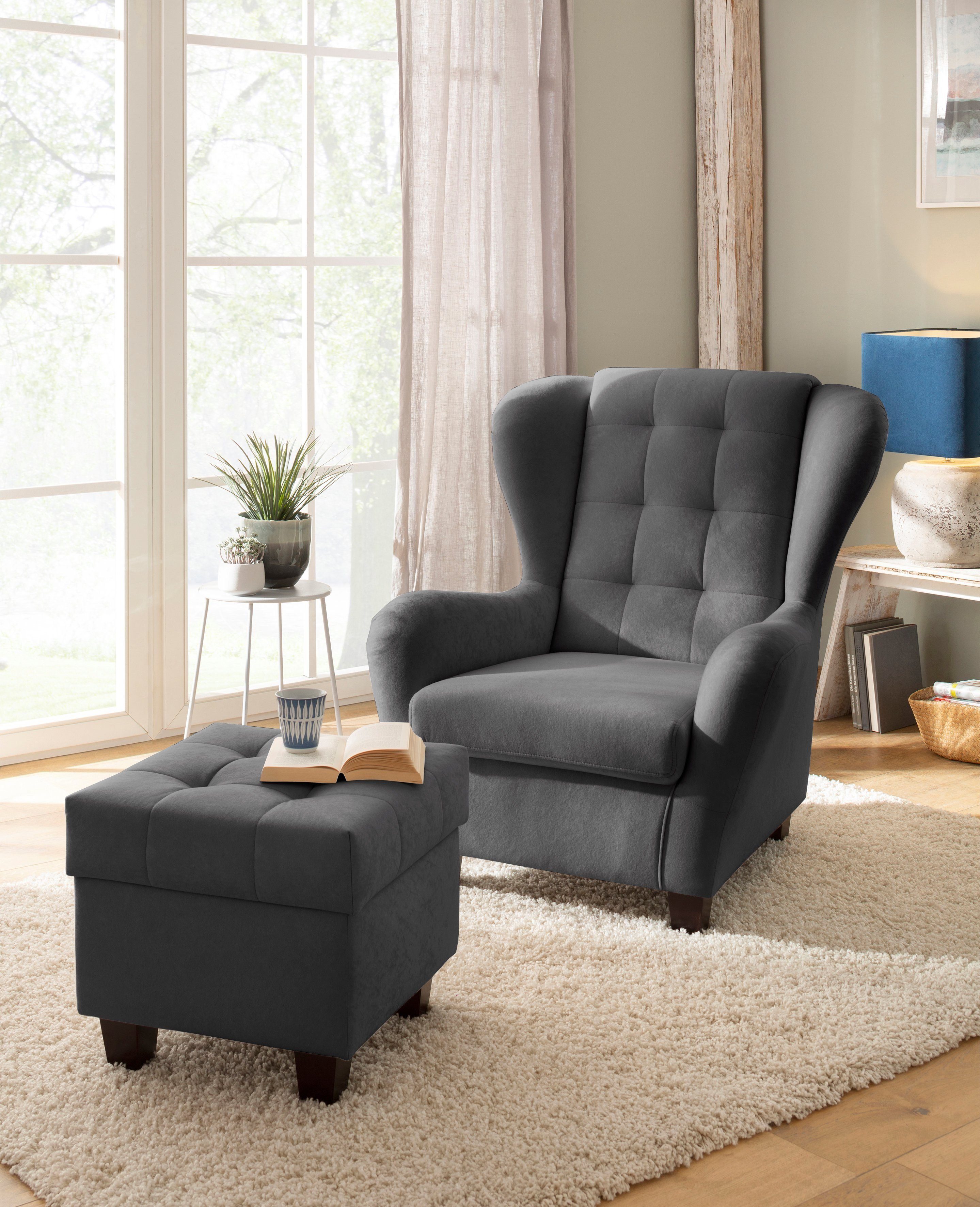 Home affaire Oorfauteuil Alexander incl. hocker, met stiksels, in vele kleuren (2 stuks)