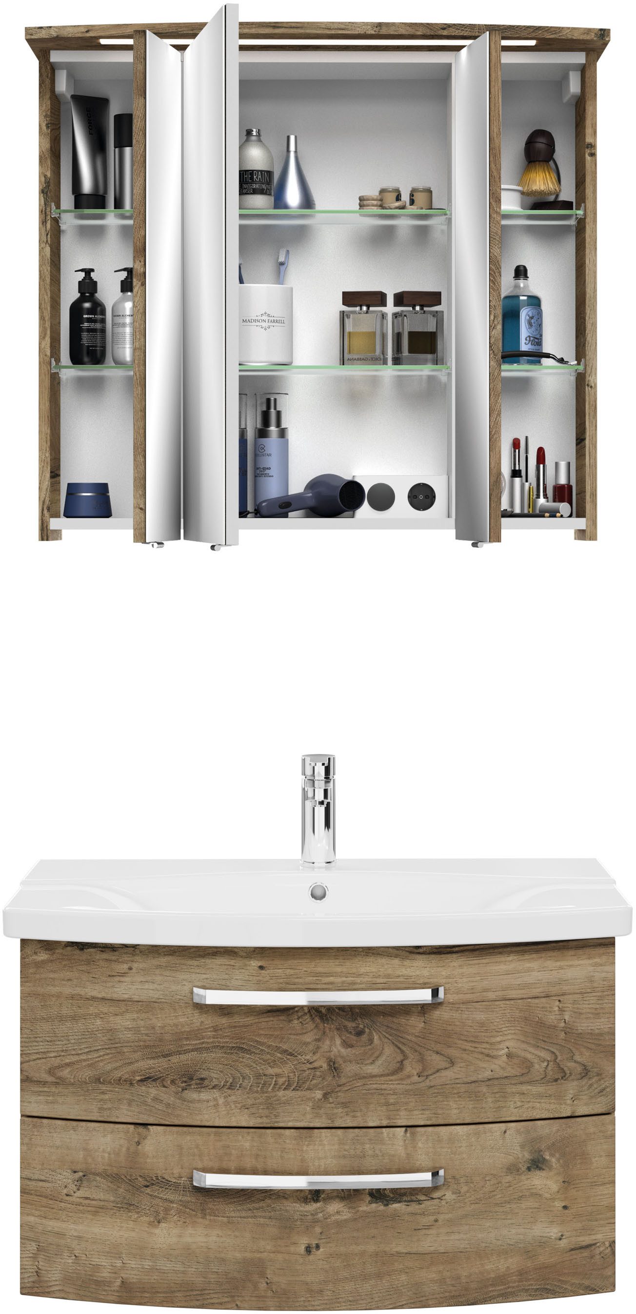 Saphir Badmeubelset Serie 4010 2-delig keramische wastafel met LED-spiegelkast Badkamer set 84 cm breed, incl. deurdemper, 3 deuren, 2 lades (set)