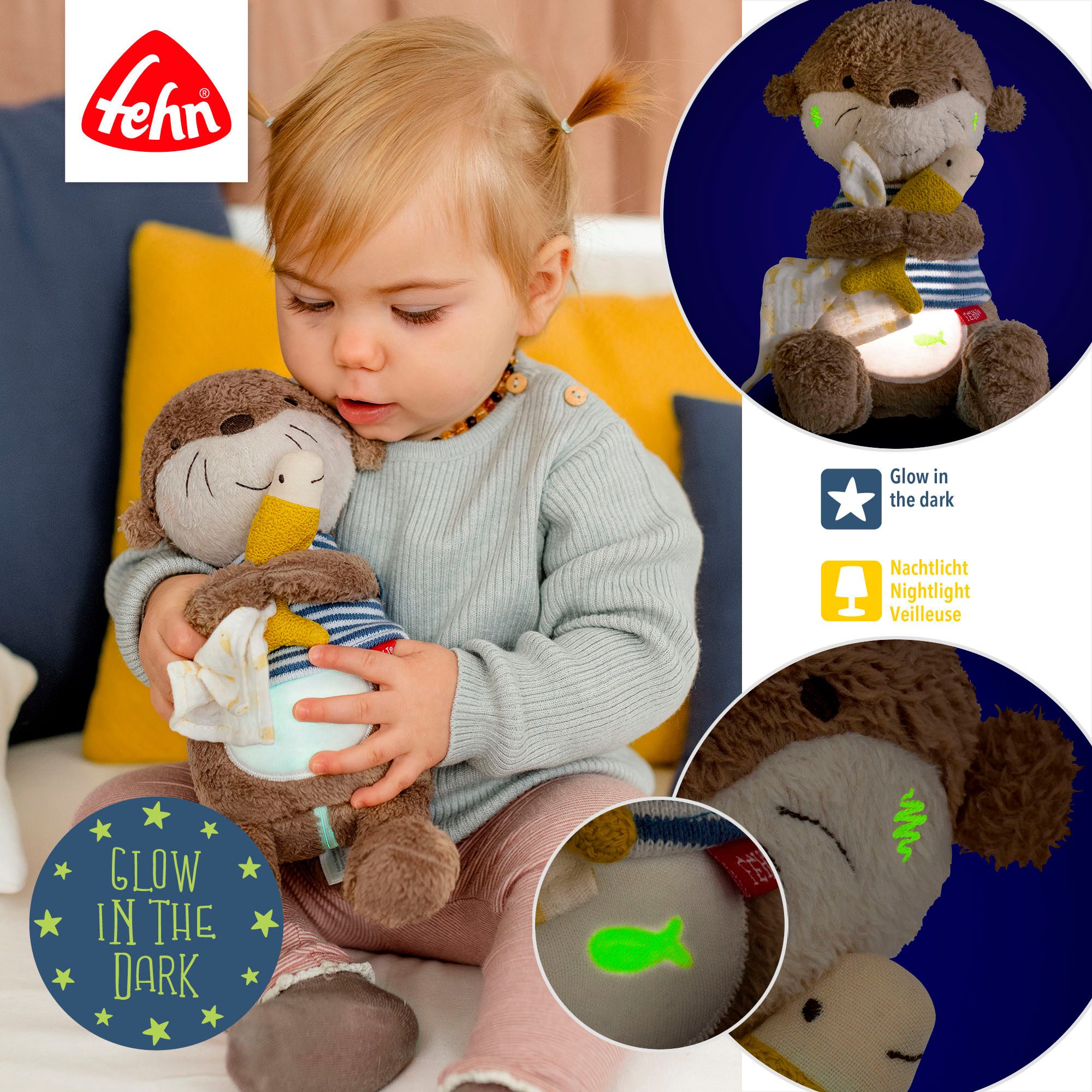 Fehn Knuffelbeest Otter Theo, nachtlicht met "glow-in-the-dark"-borduursel & nachtlicht-module