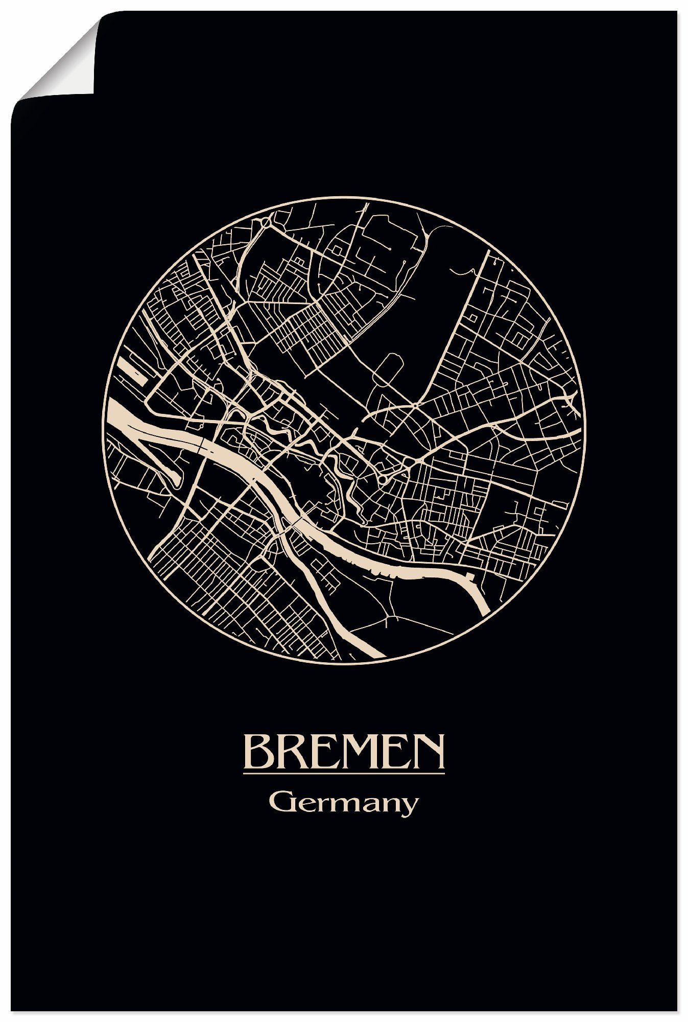 Artland Artprint Retro kaart Bremen Duitsland cirkel in vele afmetingen & productsoorten - artprint van aluminium / artprint voor buiten, artprint op linnen, poster, muursticker /