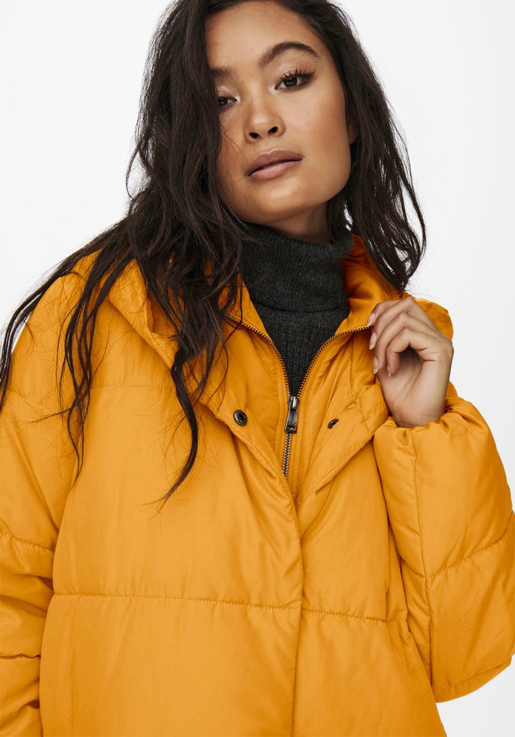 mustard long puffer coat