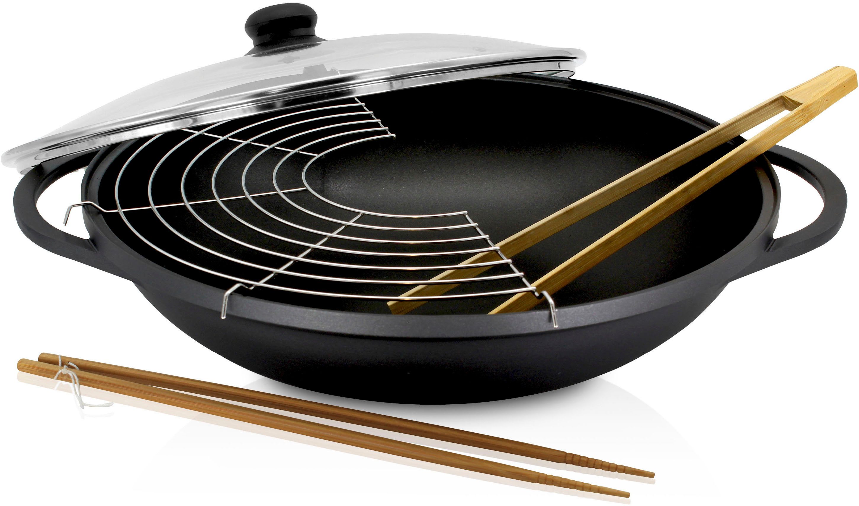 Krüger Wok Alugiet wok met glazen deksel LEIPZIG, 36 cm (1-delig) wokpannen zwart